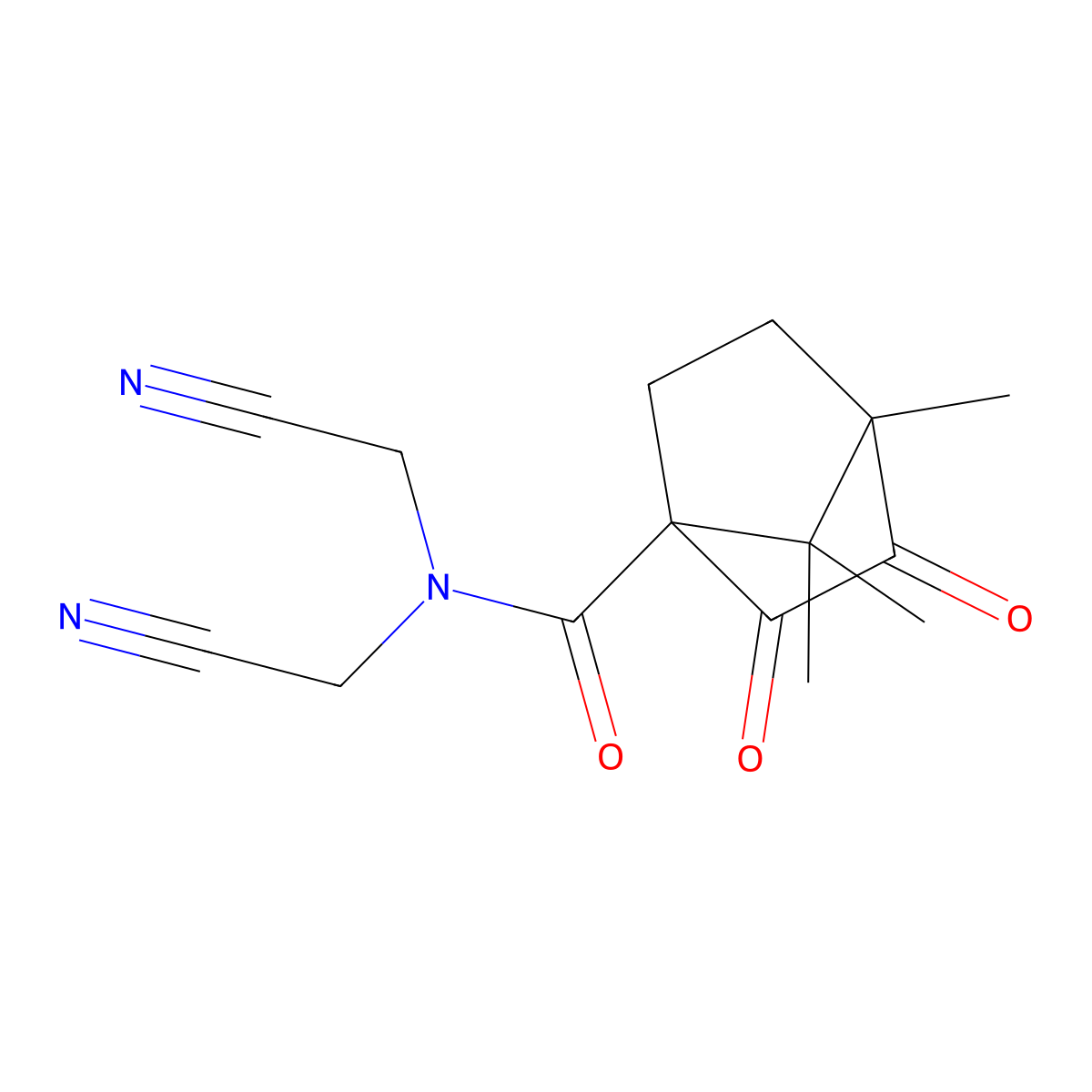 N,N-bis(cyanomethyl)-1,7,7-trimethyl-2,3-dioxobicyclo[2.2.1]heptane-4-carboxamide molecular structure, CAS 637755-22-7
