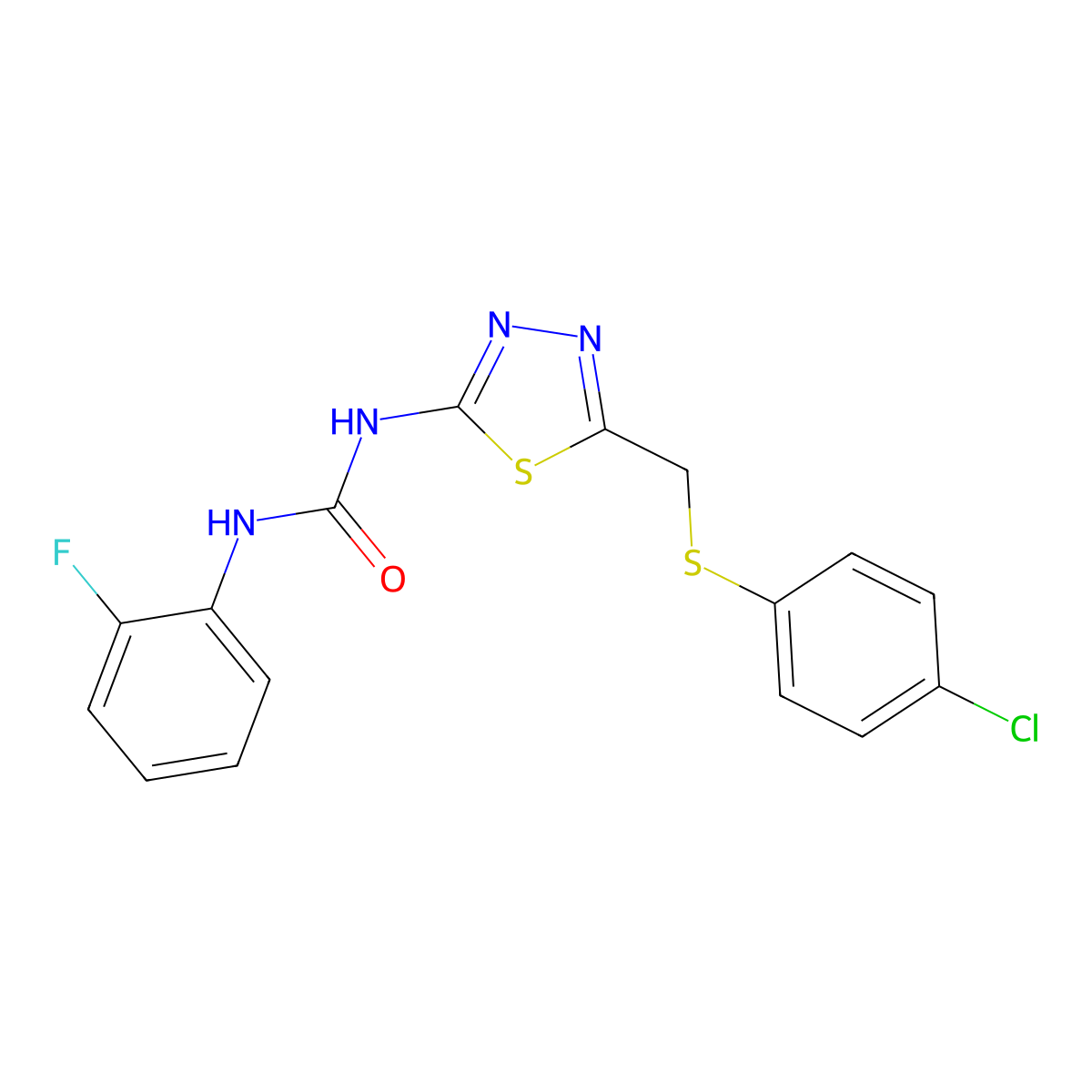 1-[5-[(4-Chlorophenyl)sulfanylmethyl]-1,3,4-thiadiazol-2-yl]-3-(2-fluorophenyl)urea molecular structure, CAS 6378-29-6