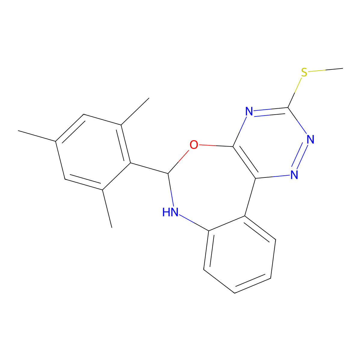 3-Methylsulfanyl-6-(2,4,6-trimethylphenyl)-6,7-dihydro-[1,2,4]triazino[5,6-d][3,1]benzoxazepine molecular structure, CAS 6379-85-7