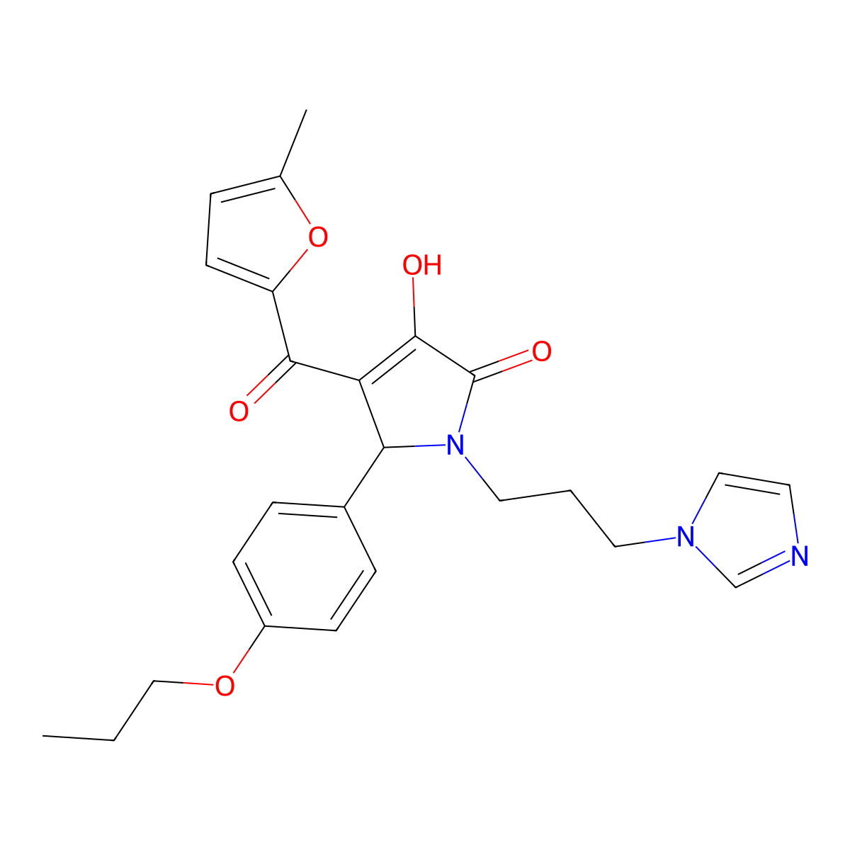 3-hydroxy-1-[3-(1H-imidazol-1-yl)propyl]-4-(5-methyl-2-furoyl)-5-(4-propoxyphenyl)-1,5-dihydro-2H-pyrrol-2-one molecular structure, CAS 638134-11-9