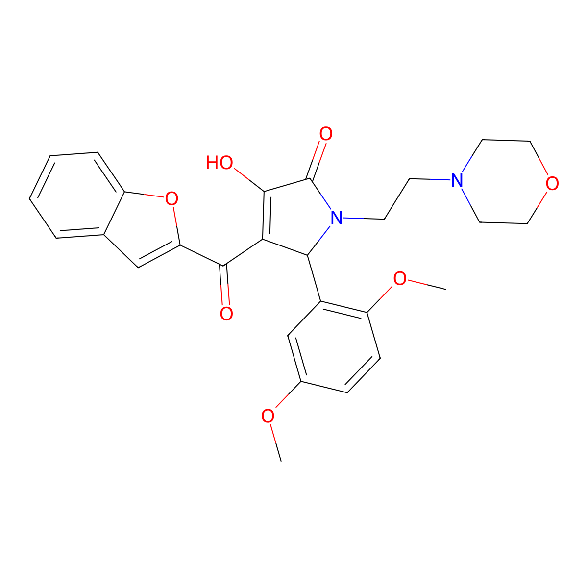4-(Benzo[d]furan-2-ylcarbonyl)-5-(2,5-dimethoxyphenyl)-3-hydroxy-1-(2-morpholi n-4-ylethyl)-3-pyrrolin-2-one molecular structure, CAS 638134-80-2