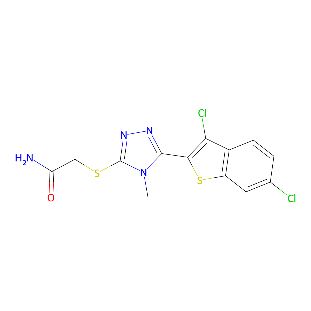 2-((5-(3,6-dichlorobenzo[b]thiophen-2-yl)-4-methyl-4H-1,2,4-triazol-3-yl)thio)acetamide molecular structure, CAS 638135-95-2