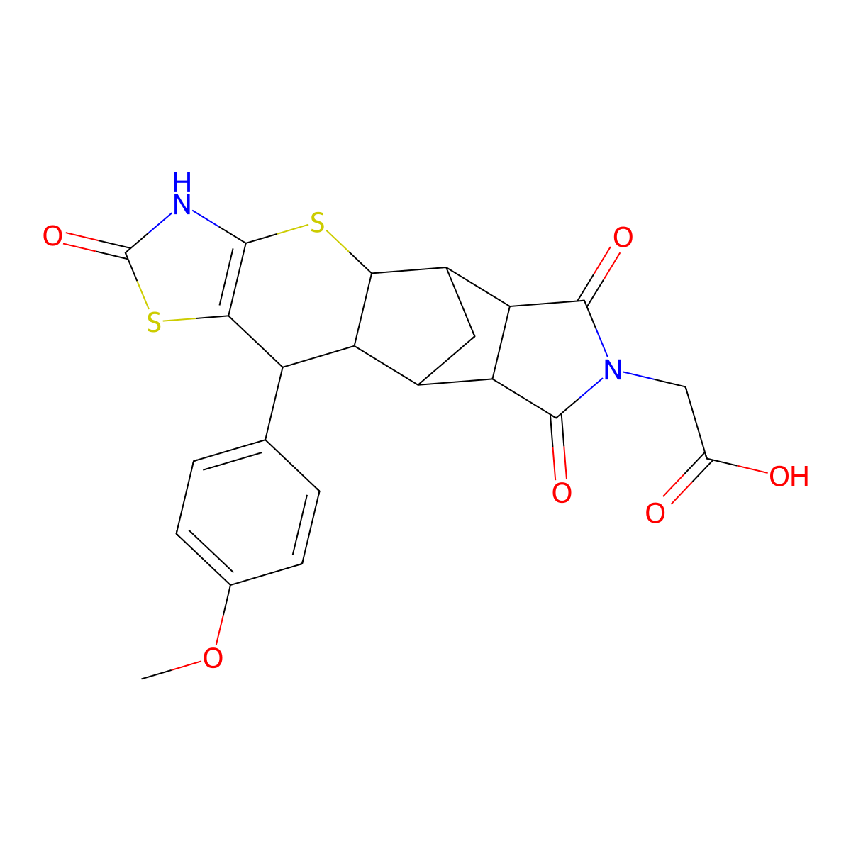 5,9-Methanothiazolo[5',4':5,6]thiopyrano[2,3-f]isoindole-7(2H)-acetic acid, 3,4a,5,5a,6,8,8a,9,9a,10-decahydro-10-(4-methoxyphenyl)-2,6,8-trioxo- molecular structure, CAS 638136-52-4