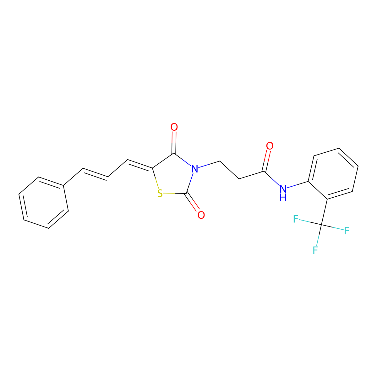 2,4-Dioxo-5-(3-phenyl-2-propen-1-ylidene)-N-[2-(trifluoromethyl)phenyl]-3-thiazolidinepropanamide molecular structure, CAS 638136-58-0
