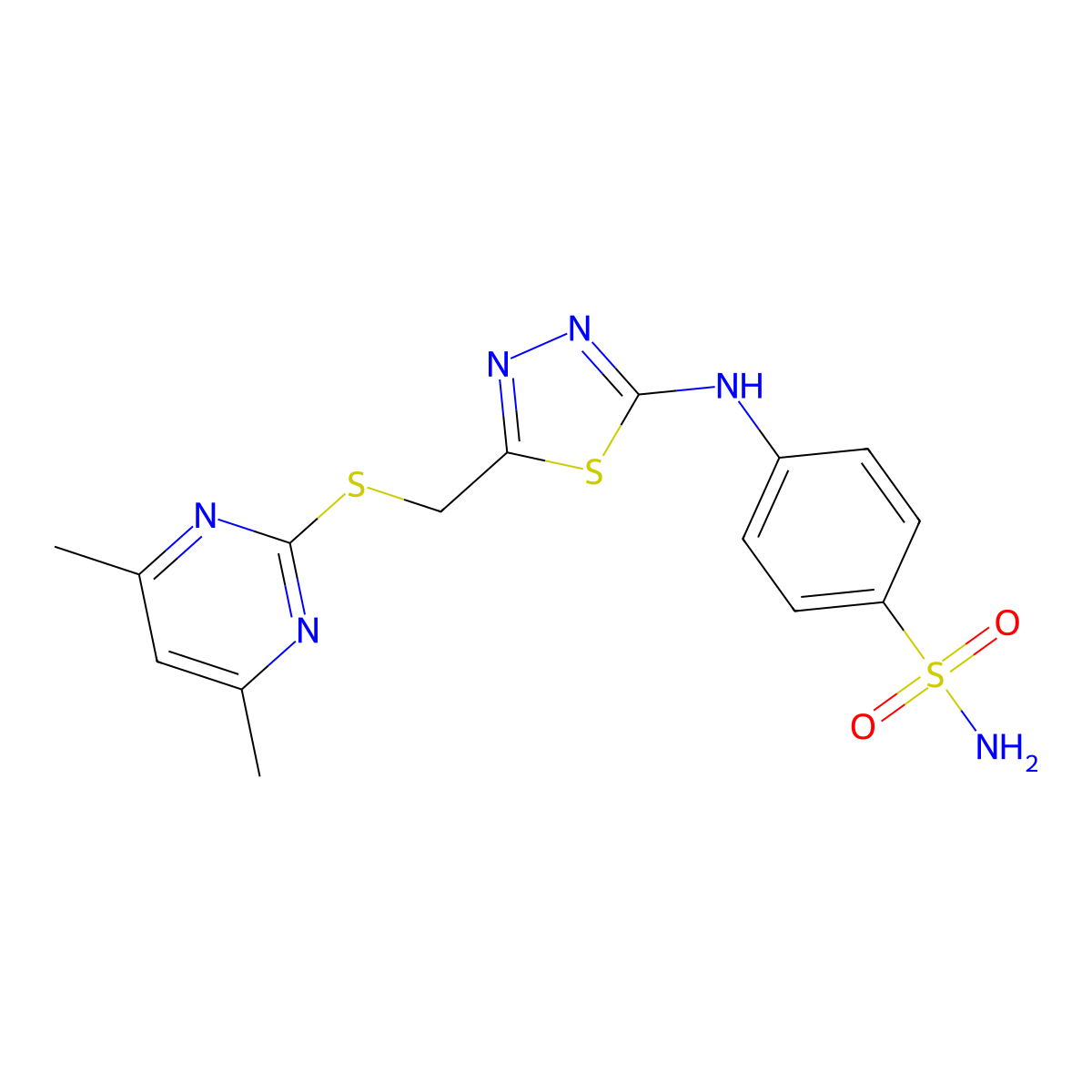 4-((5-(((4,6-Dimethylpyrimidin-2-yl)thio)methyl)-1,3,4-thiadiazol-2-yl)amino)benzenesulfonamide molecular structure, CAS 638137-08-3