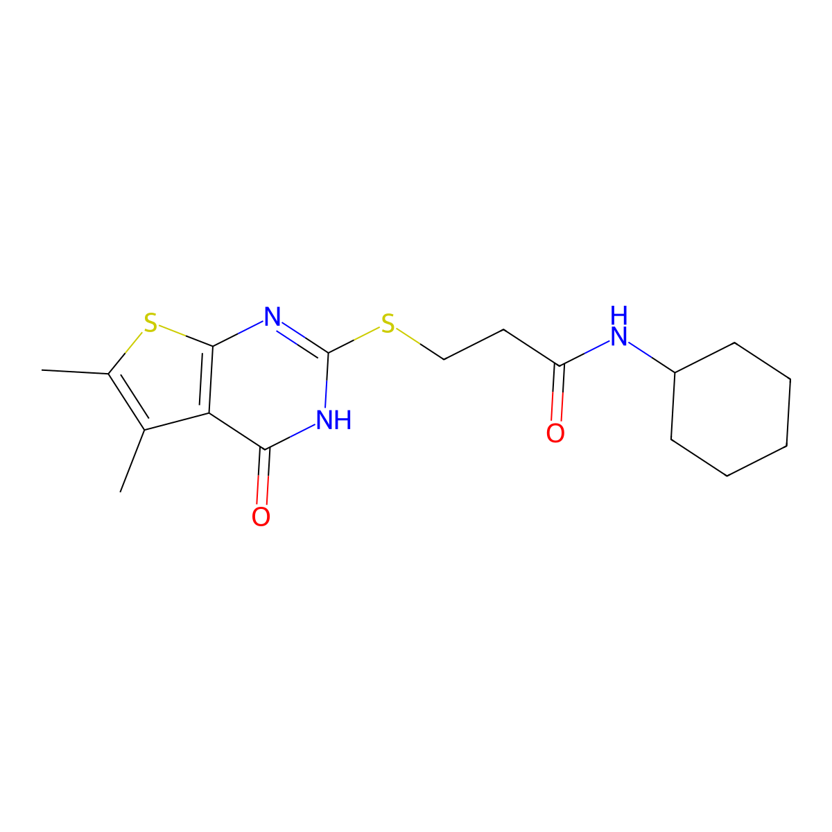 N-cyclohexyl-3-[(5,6-dimethyl-4-oxo-3H-thieno[2,3-d]pyrimidin-2-yl)sulfanyl]propanamide molecular structure, CAS 638137-20-9