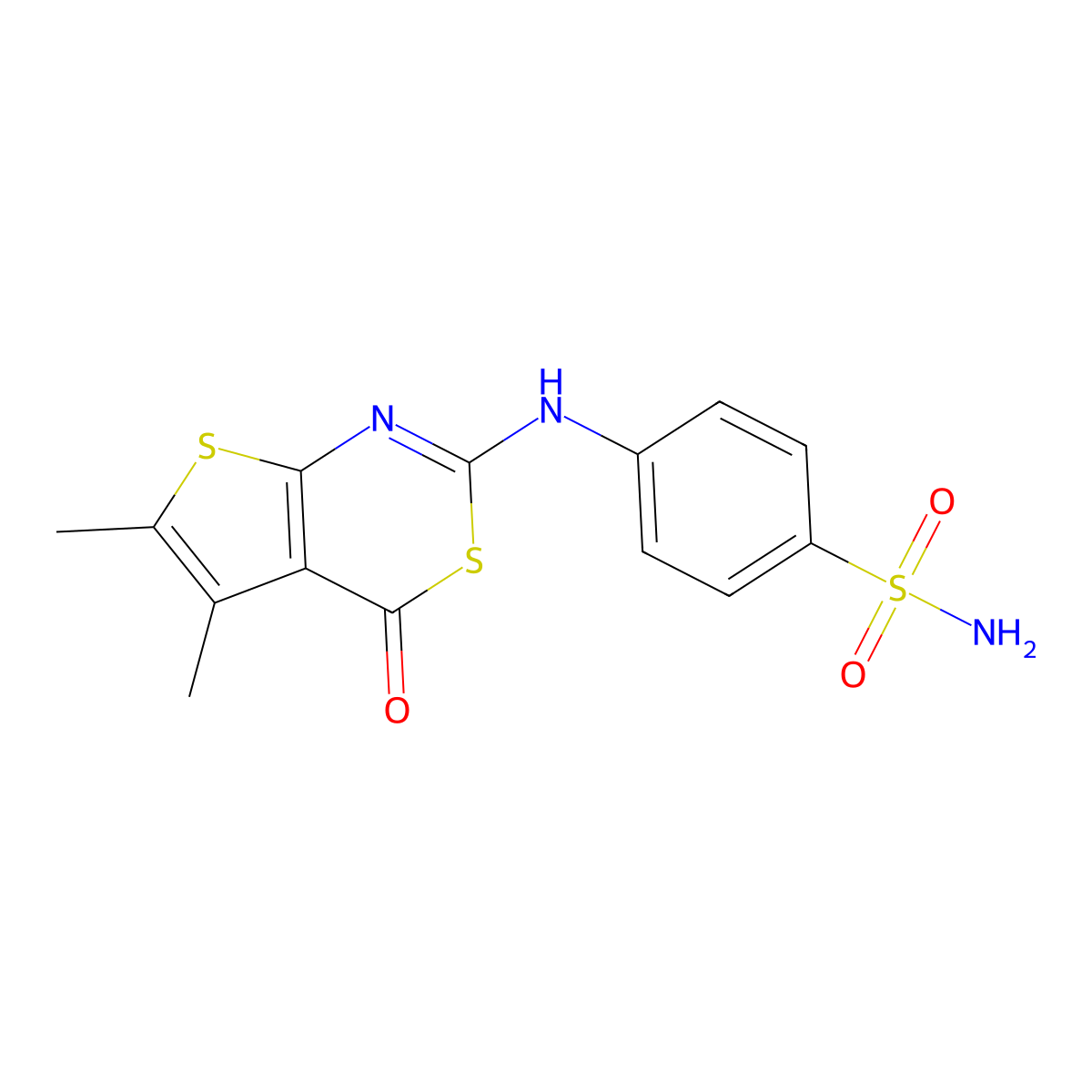 4-((5,6-dimethyl-4-oxo-4H-thieno[2,3-d][1,3]thiazin-2-yl)amino)benzenesulfonamide molecular structure, CAS 638137-24-3