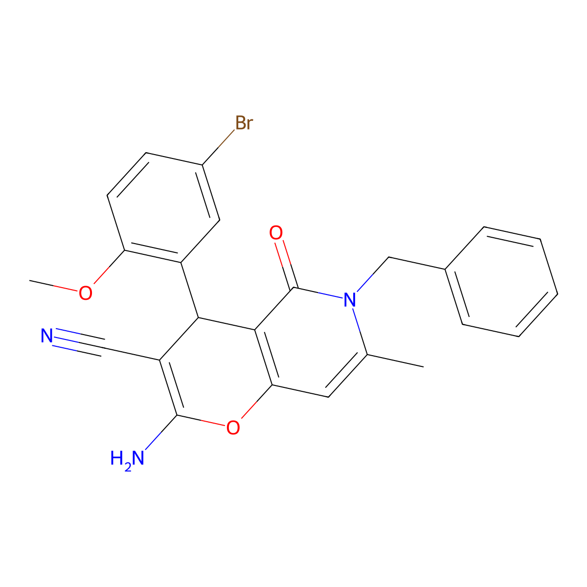 2-amino-6-benzyl-4-(5-bromo-2-methoxyphenyl)-7-methyl-5-oxo-5,6-dihydro-4H-pyrano[3,2-c]pyridine-3-carbonitrile molecular structure, CAS 638138-33-7