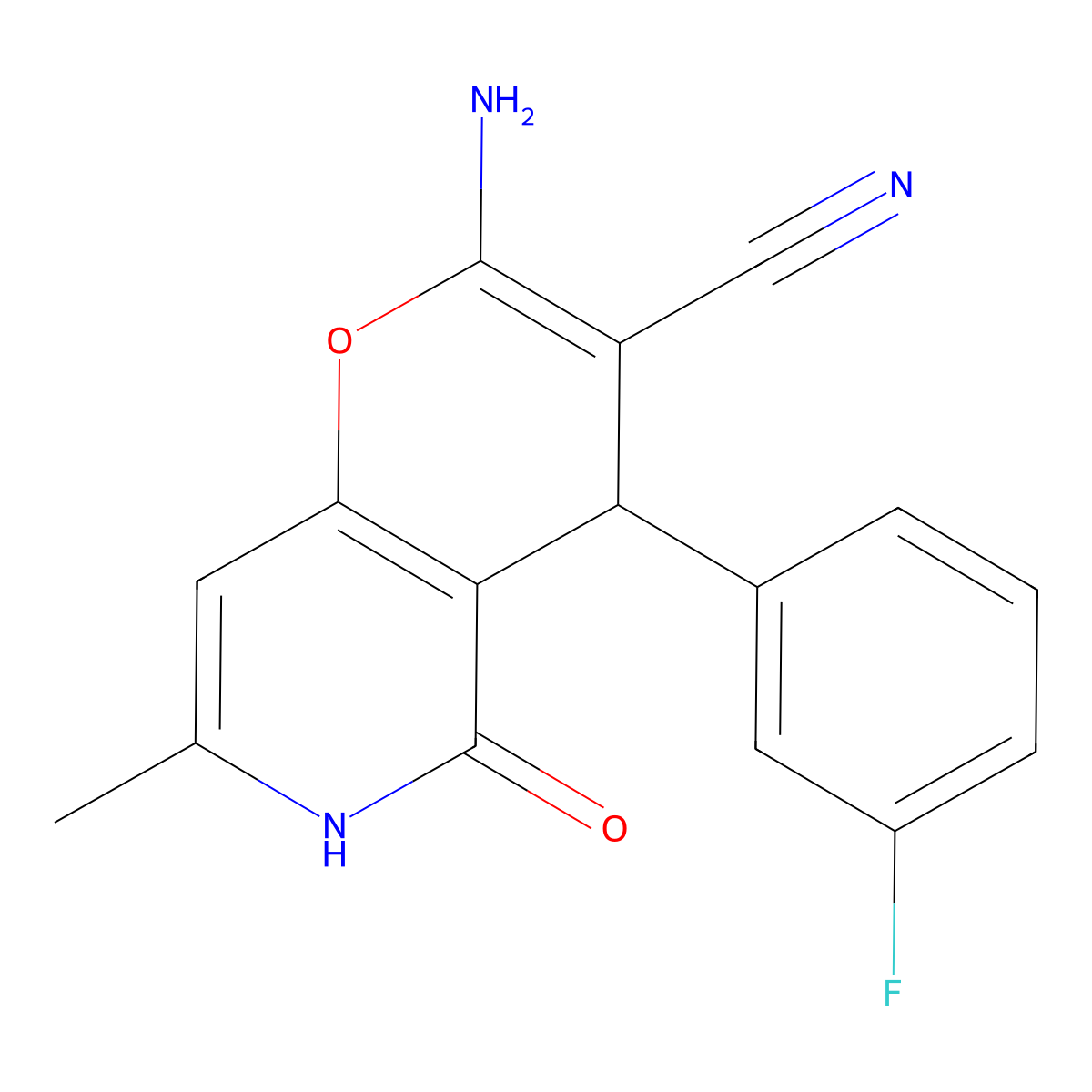 2-amino-4-(3-fluorophenyl)-7-methyl-5-oxo-5,6-dihydro-4H-pyrano[3,2-c]pyridine-3-carbonitrile molecular structure, CAS 638138-66-6