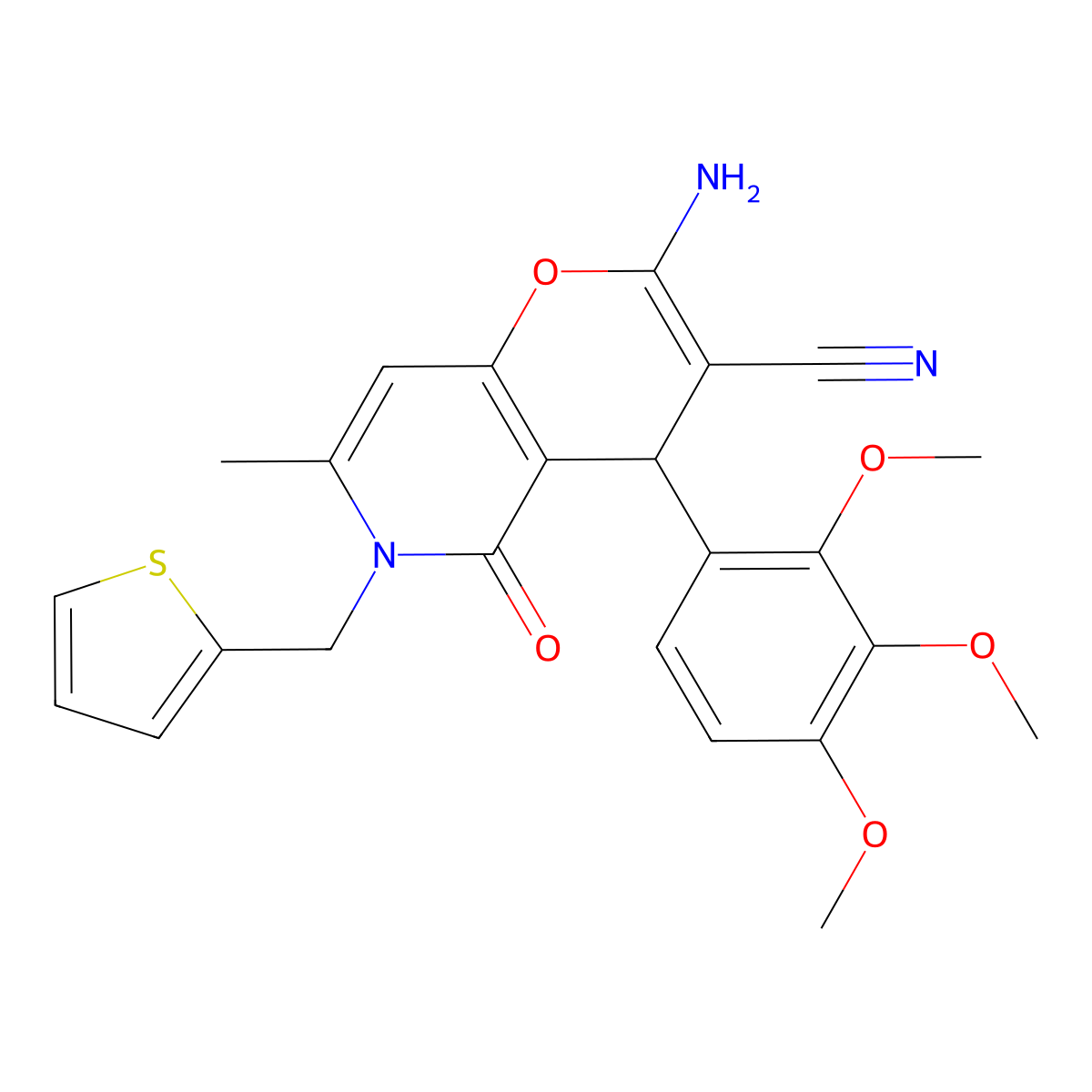 2-amino-7-methyl-5-oxo-6-(thiophen-2-ylmethyl)-4-(2,3,4-trimethoxyphenyl)-5,6-dihydro-4H-pyrano[3,2-c]pyridine-3-carbonitrile molecular structure, CAS 638138-72-4