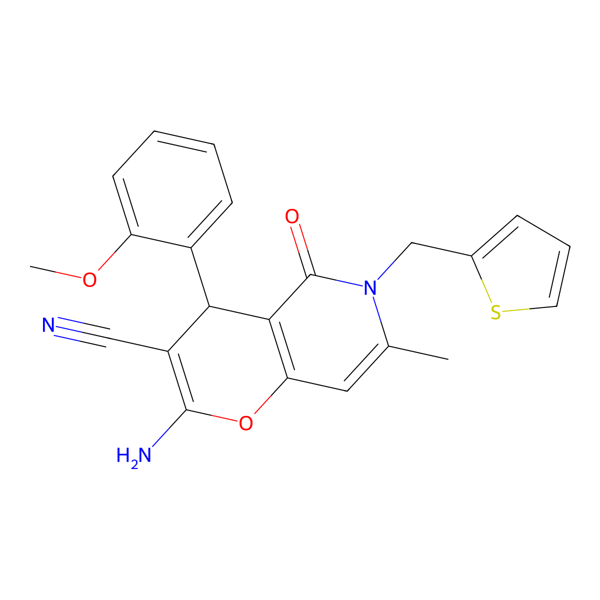 2-amino-4-(2-methoxyphenyl)-7-methyl-5-oxo-6-(thiophen-2-ylmethyl)-5,6-dihydro-4H-pyrano[3,2-c]pyridine-3-carbonitrile molecular structure, CAS 638138-74-6