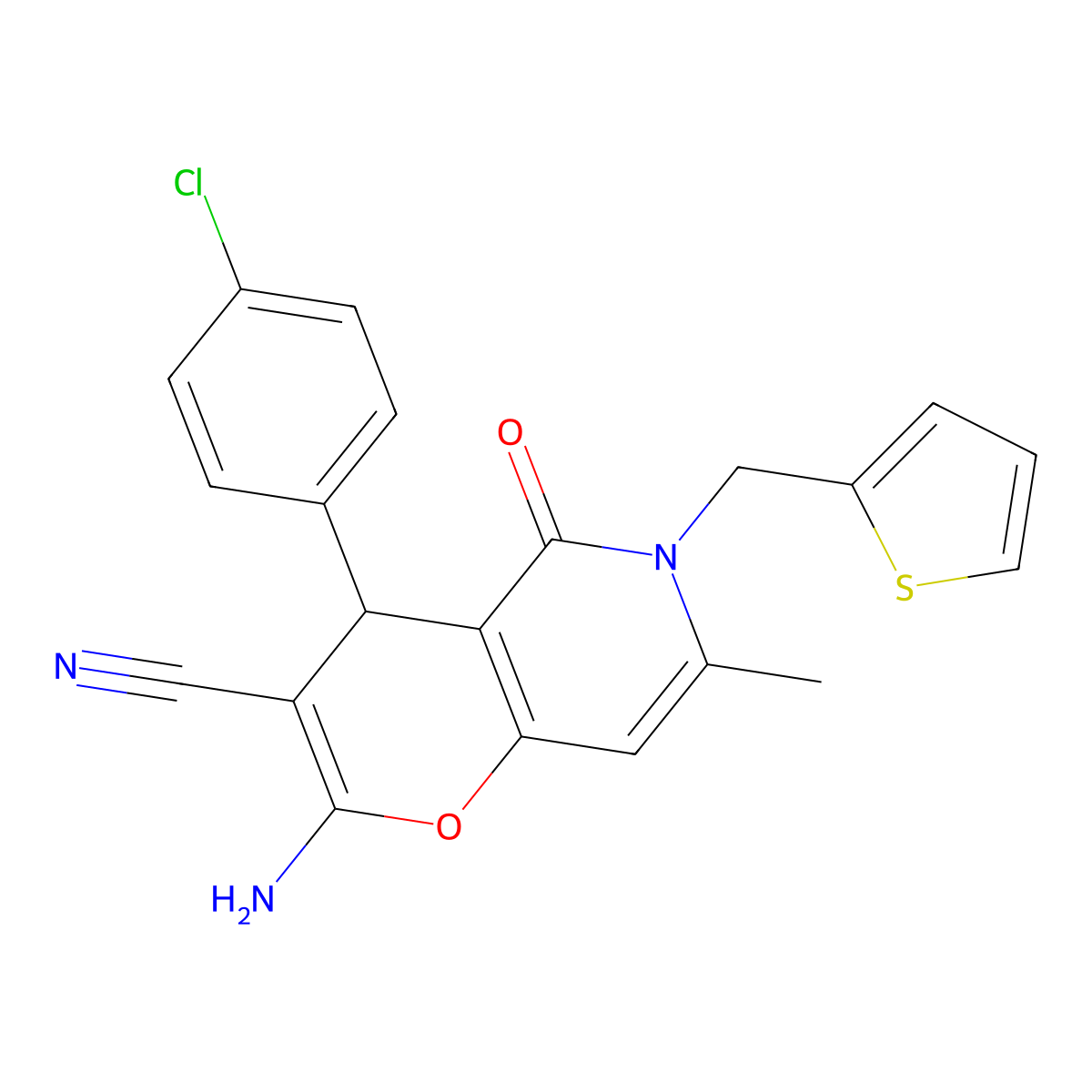 2-amino-4-(4-chlorophenyl)-7-methyl-5-oxo-6-(thiophen-2-ylmethyl)-5,6-dihydro-4H-pyrano[3,2-c]pyridine-3-carbonitrile molecular structure, CAS 638138-78-0
