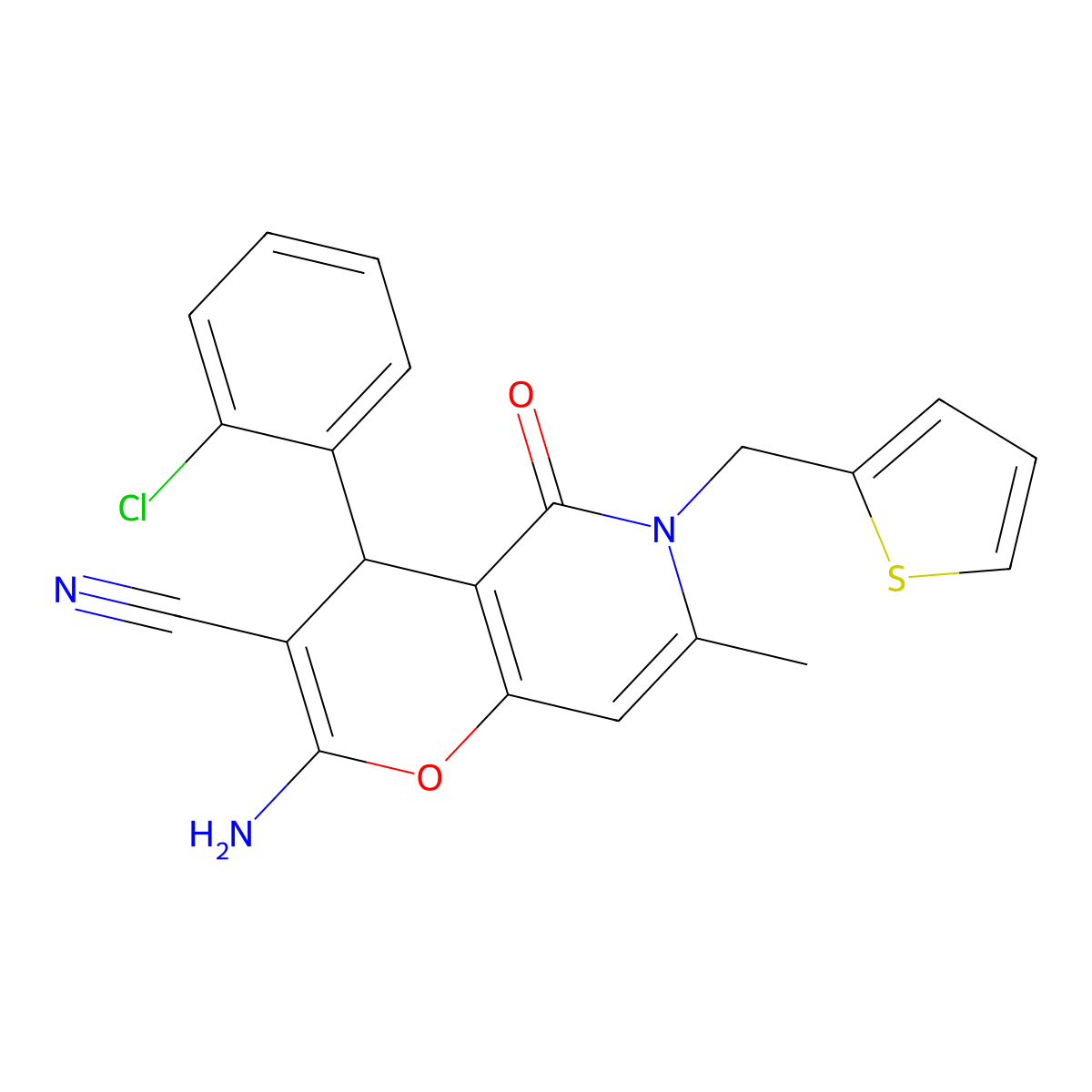 2-amino-4-(2-chlorophenyl)-7-methyl-5-oxo-6-(thiophen-2-ylmethyl)-5,6-dihydro-4H-pyrano[3,2-c]pyridine-3-carbonitrile molecular structure, CAS 638138-80-4