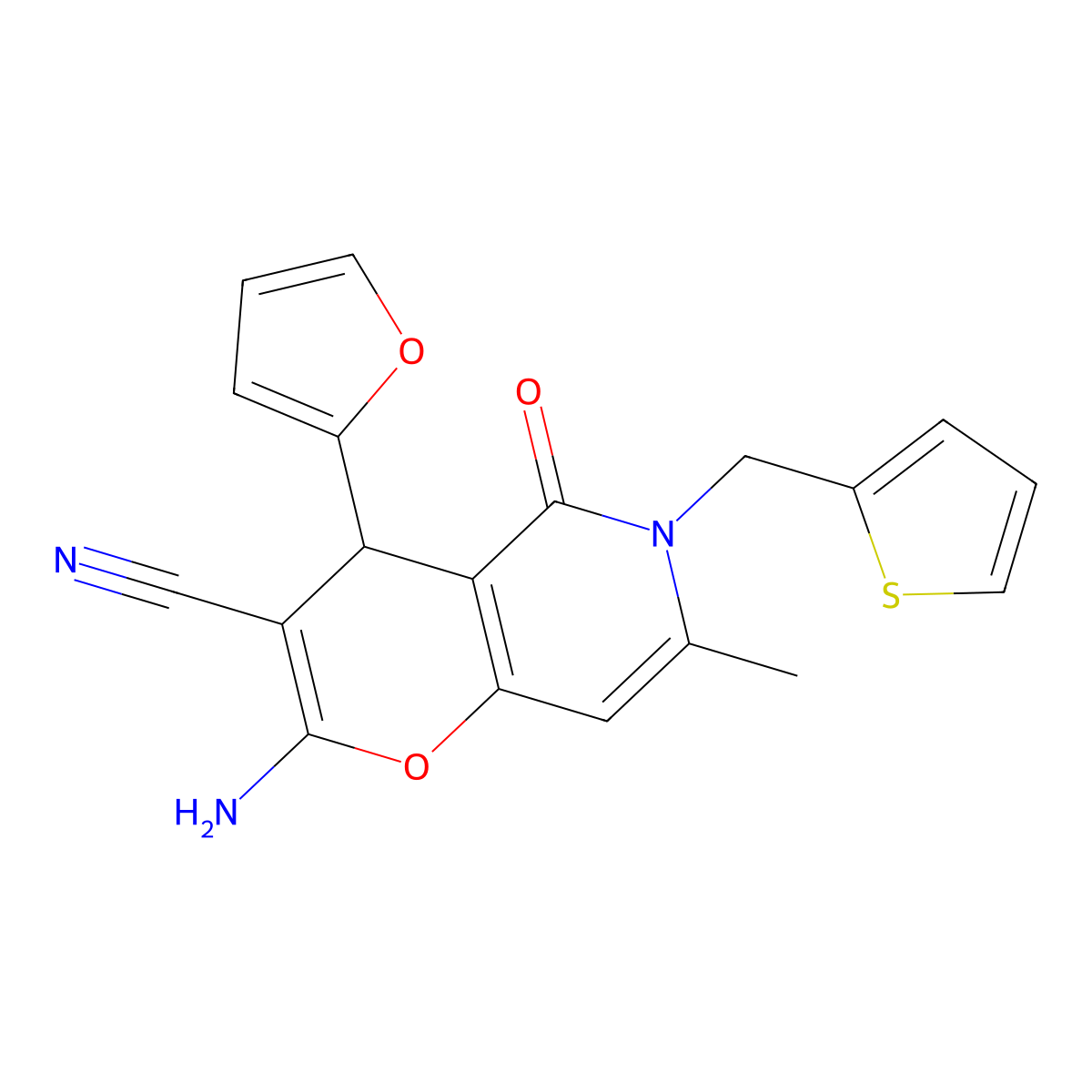 2-amino-4-(furan-2-yl)-7-methyl-5-oxo-6-(thiophen-2-ylmethyl)-5,6-dihydro-4H-pyrano[3,2-c]pyridine-3-carbonitrile molecular structure, CAS 638138-82-6