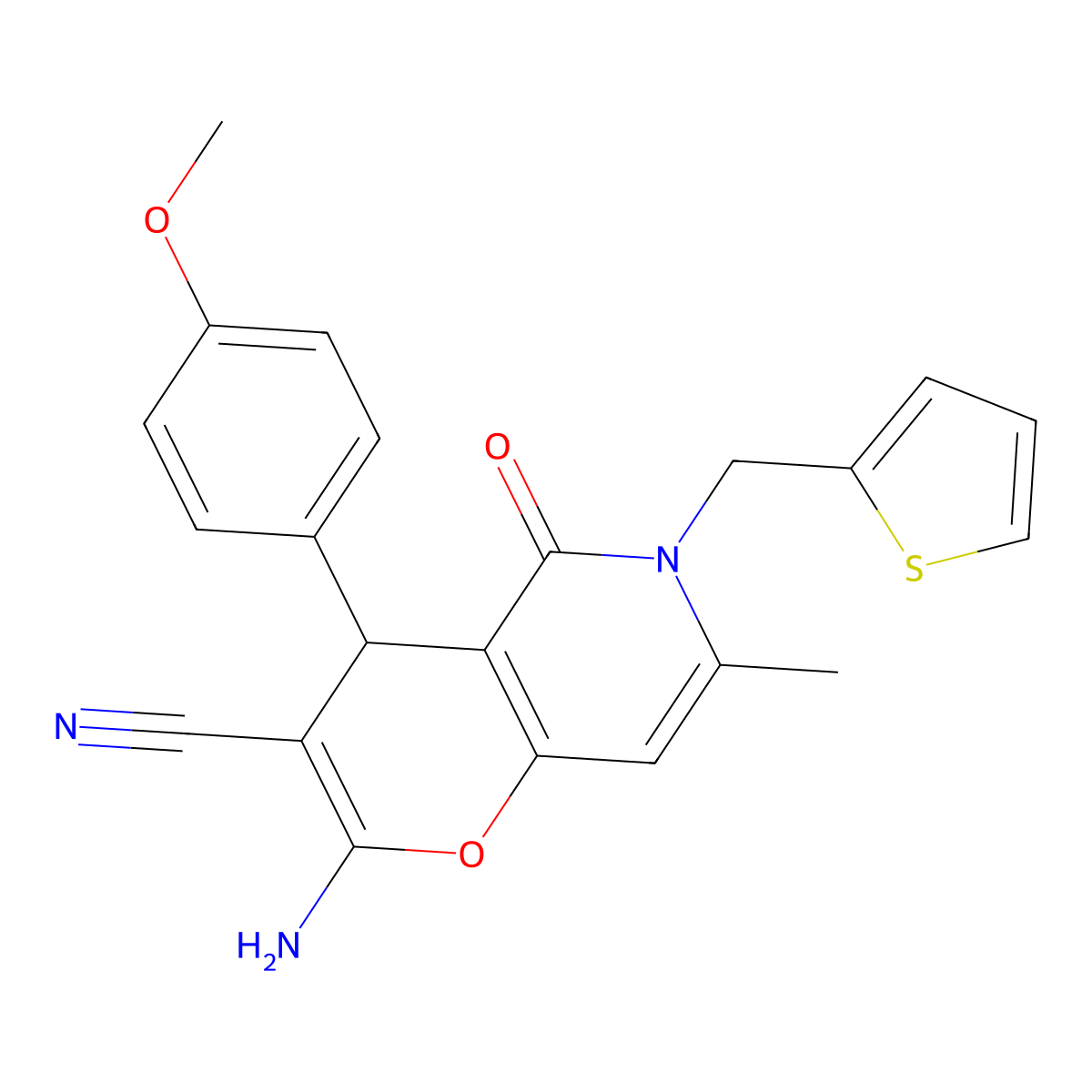 2-amino-4-(4-methoxyphenyl)-7-methyl-5-oxo-6-(thiophen-2-ylmethyl)-5,6-dihydro-4H-pyrano[3,2-c]pyridine-3-carbonitrile molecular structure, CAS 638138-84-8