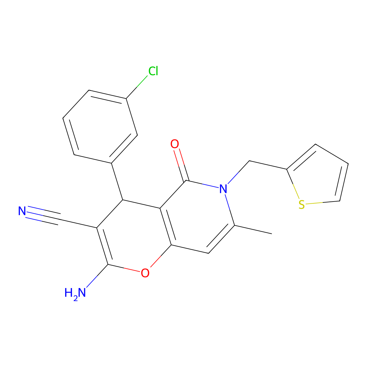 2-amino-4-(3-chlorophenyl)-7-methyl-5-oxo-6-(thiophen-2-ylmethyl)-5,6-dihydro-4H-pyrano[3,2-c]pyridine-3-carbonitrile molecular structure, CAS 638138-86-0
