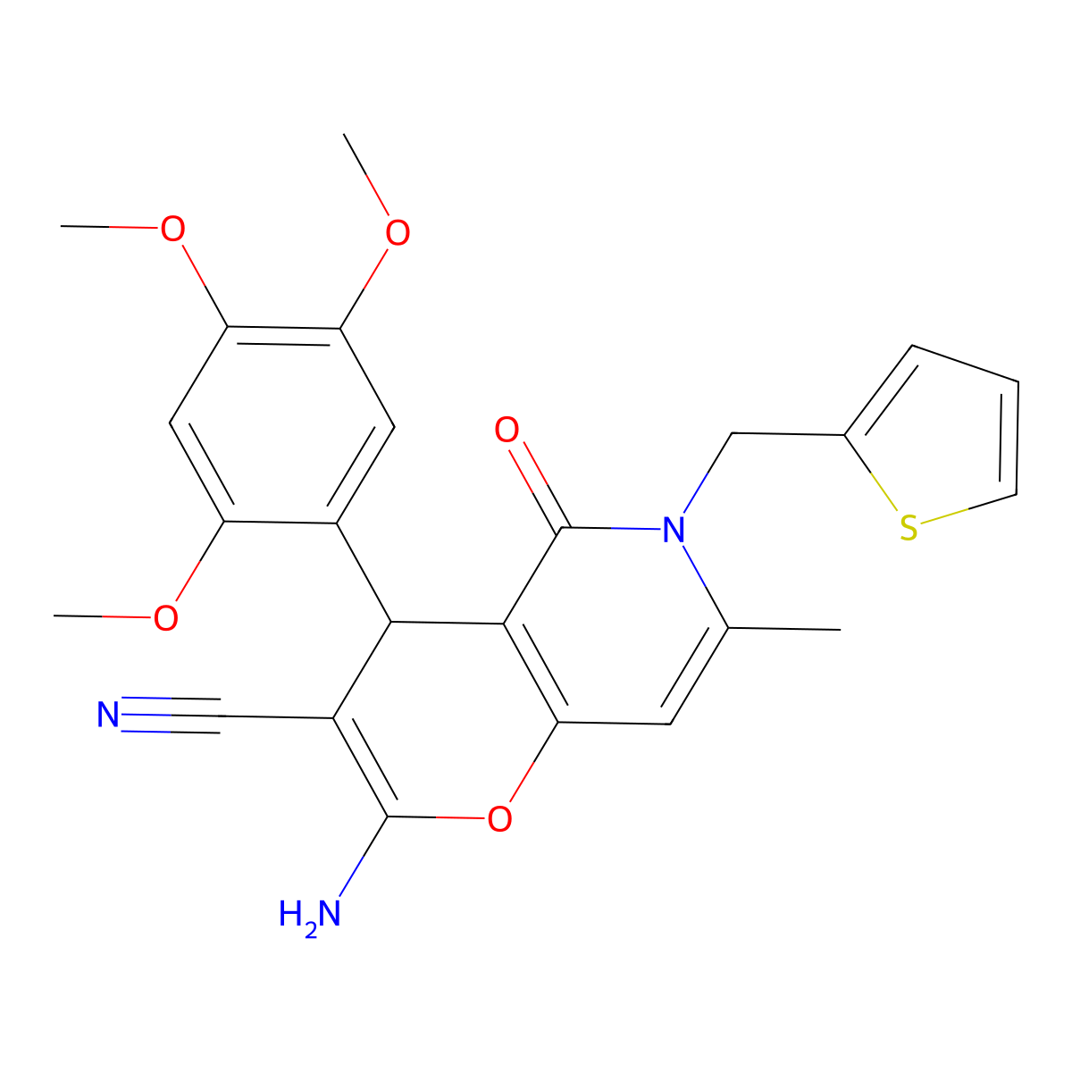 2-amino-7-methyl-5-oxo-6-(thiophen-2-ylmethyl)-4-(2,4,5-trimethoxyphenyl)-5,6-dihydro-4H-pyrano[3,2-c]pyridine-3-carbonitrile molecular structure, CAS 638138-92-8