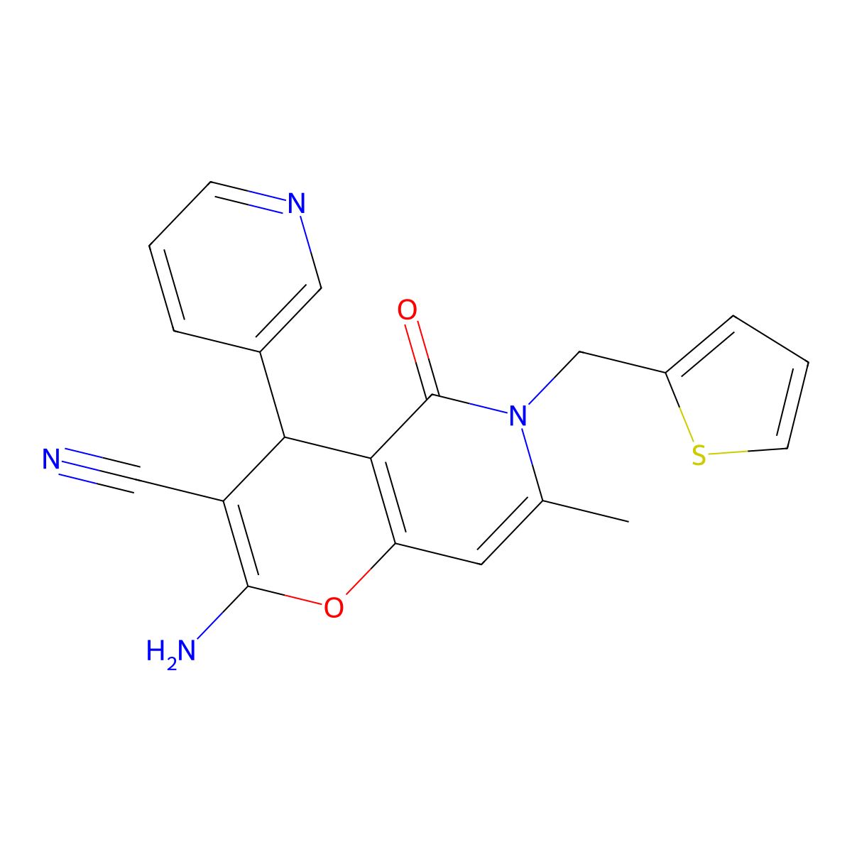 2-amino-7-methyl-5-oxo-4-(pyridin-3-yl)-6-(thiophen-2-ylmethyl)-5,6-dihydro-4H-pyrano[3,2-c]pyridine-3-carbonitrile molecular structure, CAS 638138-94-0