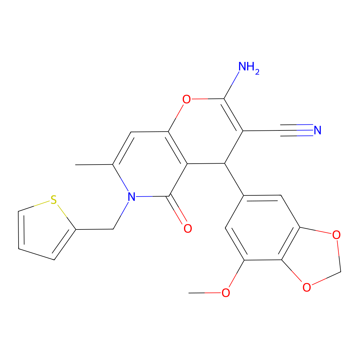 2-amino-4-(7-methoxy-1,3-benzodioxol-5-yl)-7-methyl-5-oxo-6-(2-thienylmethyl)-5,6-dihydro-4H-pyrano[3,2-c]pyridine-3-carbonitrile molecular structure, CAS 638138-96-2