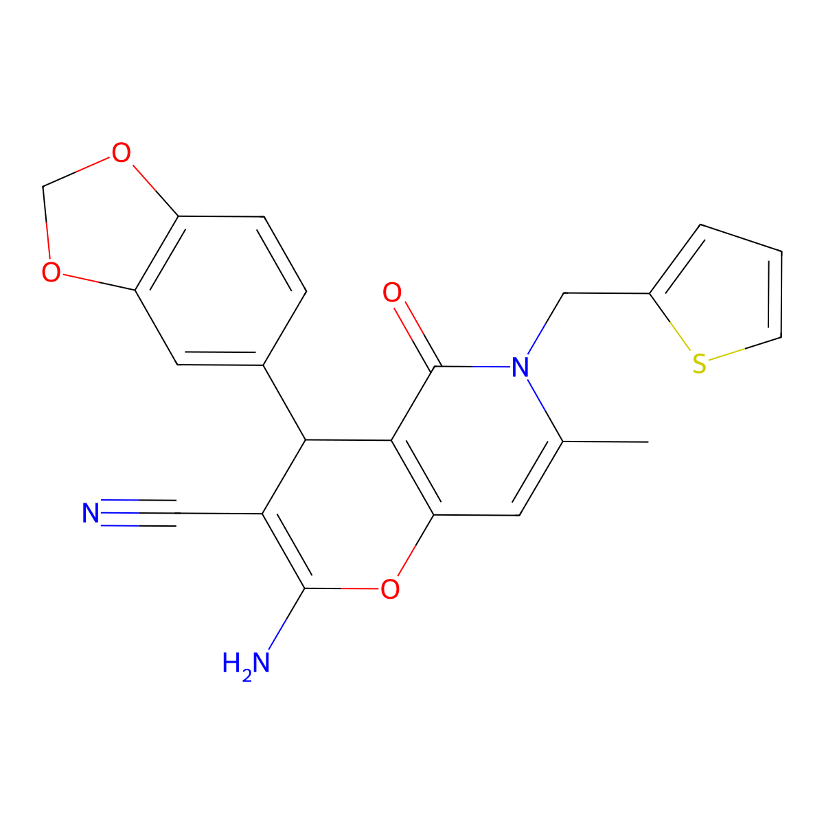 2-amino-4-(1,3-benzodioxol-5-yl)-7-methyl-5-oxo-6-(thiophen-2-ylmethyl)-5,6-dihydro-4H-pyrano[3,2-c]pyridine-3-carbonitrile molecular structure, CAS 638138-98-4