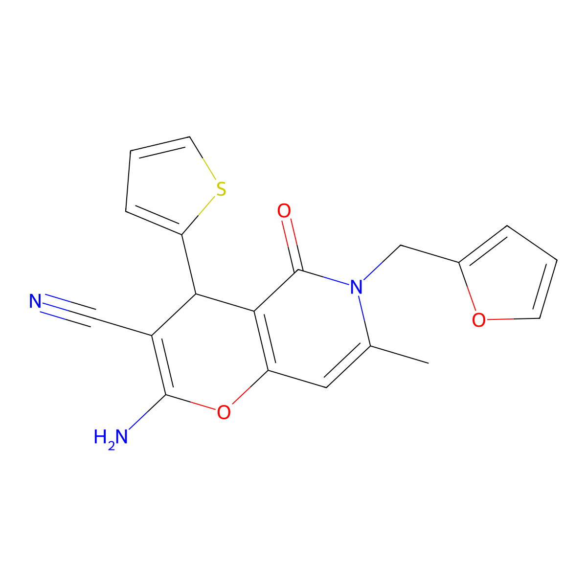 2-amino-6-(furan-2-ylmethyl)-7-methyl-5-oxo-4-(thiophen-2-yl)-5,6-dihydro-4H-pyrano[3,2-c]pyridine-3-carbonitrile molecular structure, CAS 638139-02-3