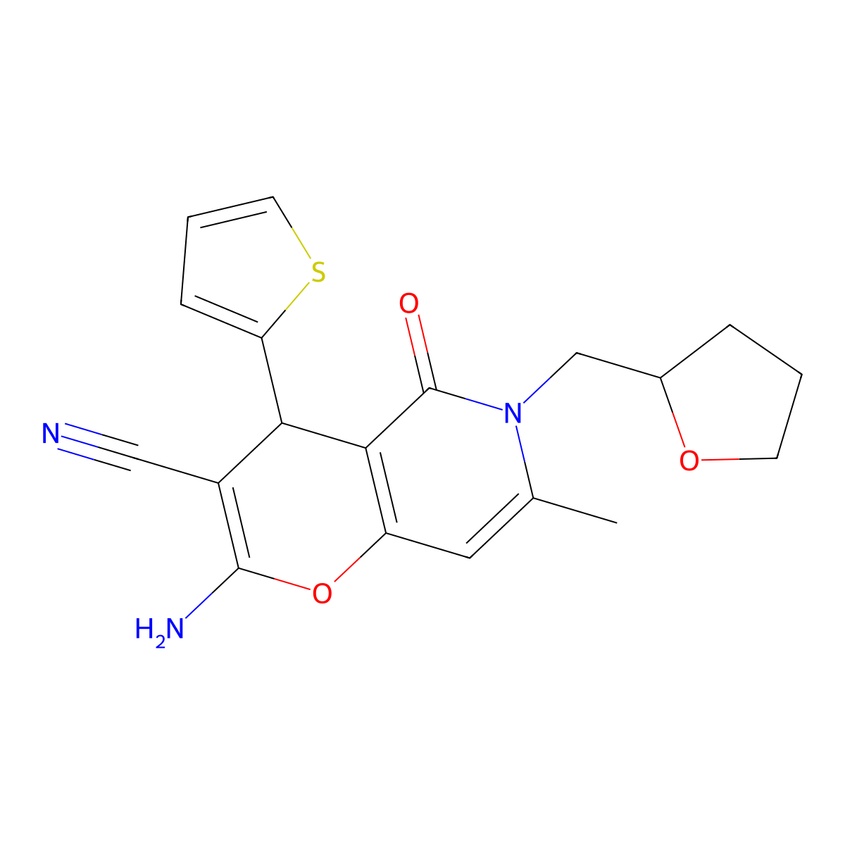 2-amino-7-methyl-5-oxo-6-((tetrahydrofuran-2-yl)methyl)-4-(thiophen-2-yl)-5,6-dihydro-4H-pyrano[3,2-c]pyridine-3-carbonitrile molecular structure, CAS 638139-08-9