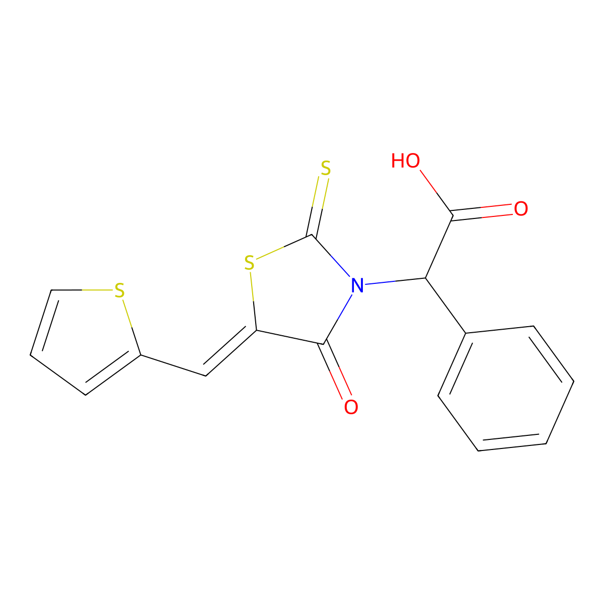 4-Oxo-I+/--phenyl-5-(2-thienylmethylene)-2-thioxo-3-thiazolidineacetic acid molecular structure, CAS 638139-13-6