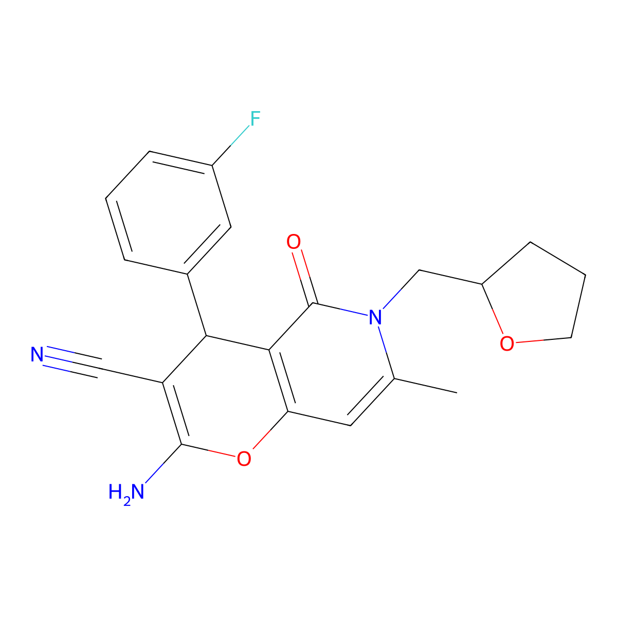 2-amino-4-(3-fluorophenyl)-7-methyl-5-oxo-6-((tetrahydrofuran-2-yl)methyl)-5,6-dihydro-4H-pyrano[3,2-c]pyridine-3-carbonitrile molecular structure, CAS 638139-14-7