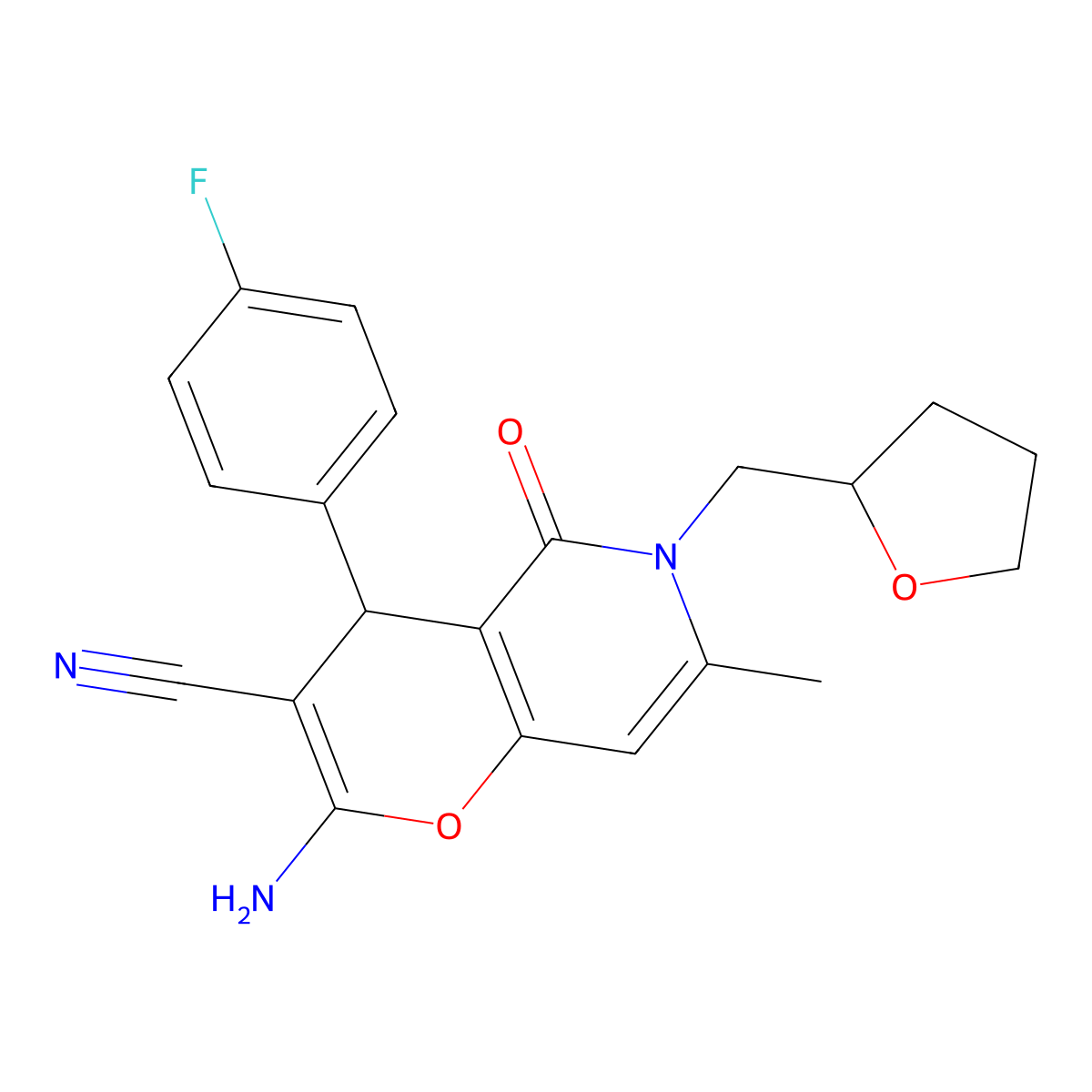 2-amino-4-(4-fluorophenyl)-7-methyl-5-oxo-6-((tetrahydrofuran-2-yl)methyl)-5,6-dihydro-4H-pyrano[3,2-c]pyridine-3-carbonitrile molecular structure, CAS 638139-16-9