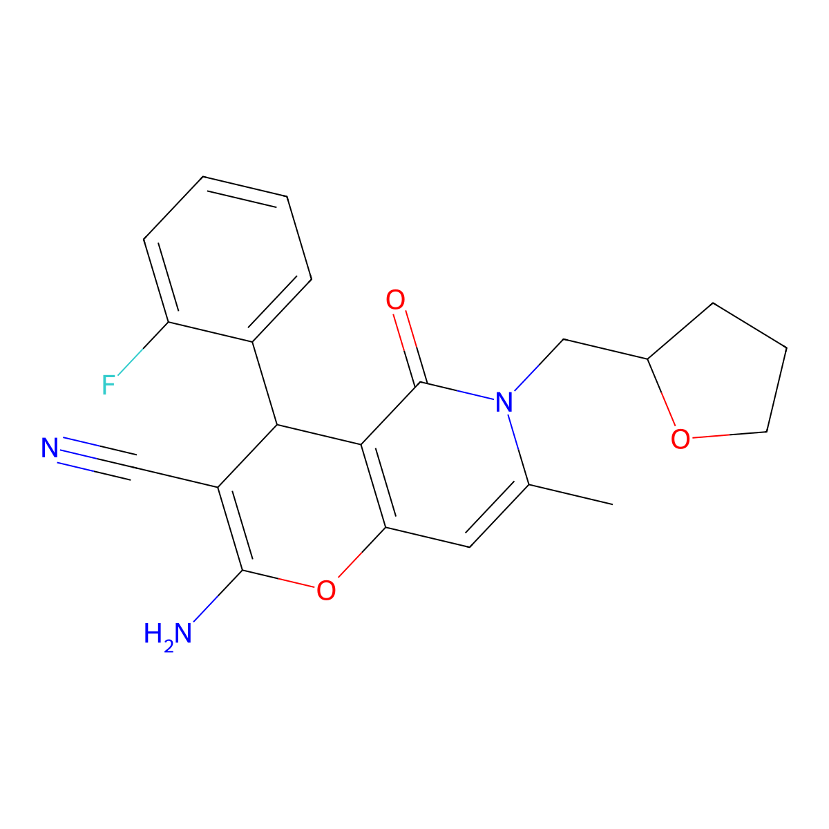 2-amino-4-(2-fluorophenyl)-7-methyl-5-oxo-6-((tetrahydrofuran-2-yl)methyl)-5,6-dihydro-4H-pyrano[3,2-c]pyridine-3-carbonitrile molecular structure, CAS 638139-18-1