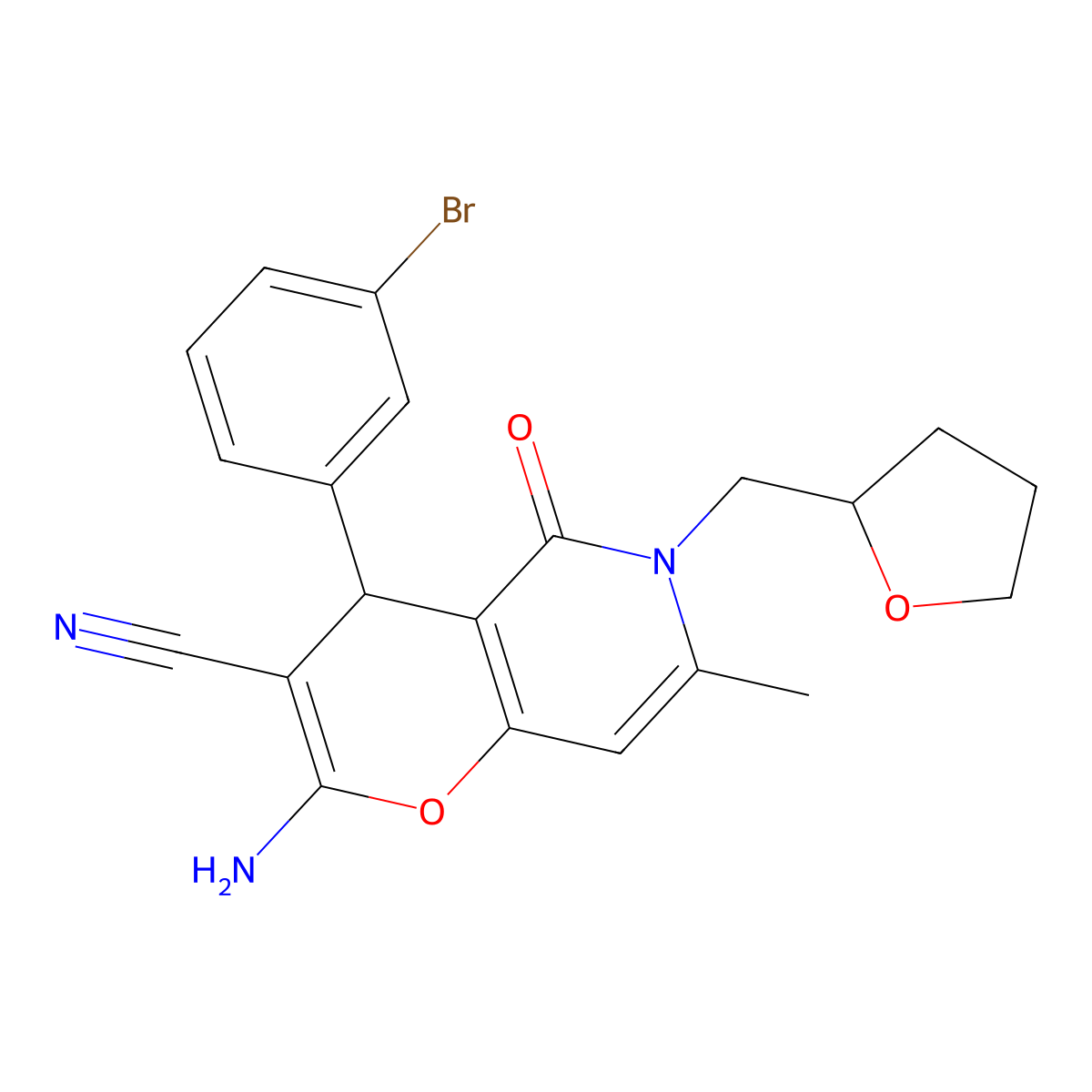 2-amino-4-(3-bromophenyl)-7-methyl-5-oxo-6-((tetrahydrofuran-2-yl)methyl)-5,6-dihydro-4H-pyrano[3,2-c]pyridine-3-carbonitrile molecular structure, CAS 638139-20-5