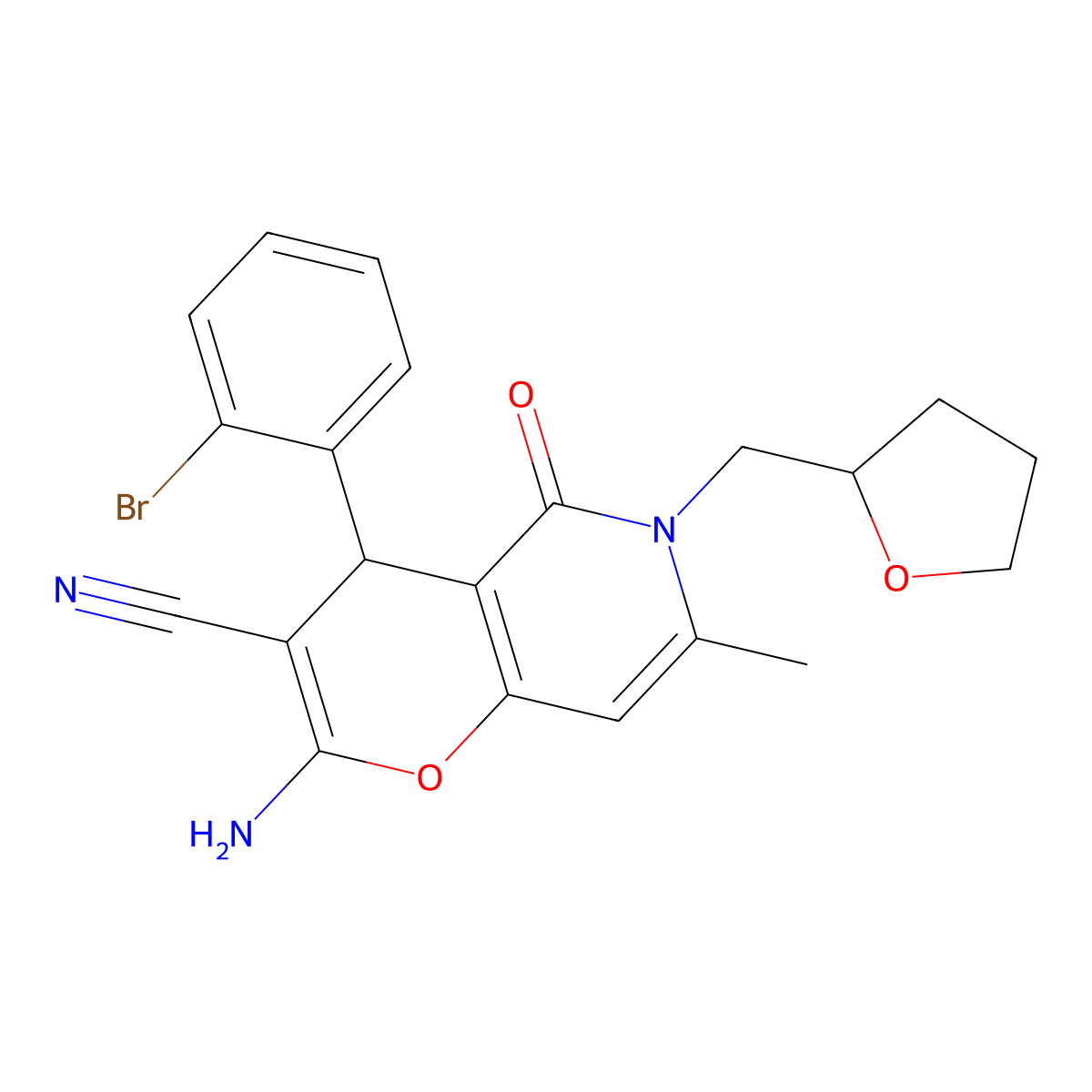 2-amino-4-(2-bromophenyl)-7-methyl-5-oxo-6-(tetrahydrofuran-2-ylmethyl)-5,6-dihydro-4H-pyrano[3,2-c]pyridine-3-carbonitrile molecular structure, CAS 638139-22-7