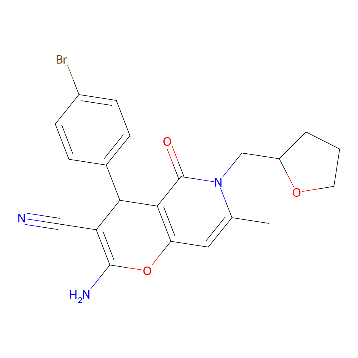 2-amino-4-(4-bromophenyl)-7-methyl-5-oxo-6-(tetrahydrofuran-2-ylmethyl)-5,6-dihydro-4H-pyrano[3,2-c]pyridine-3-carbonitrile molecular structure, CAS 638139-24-9