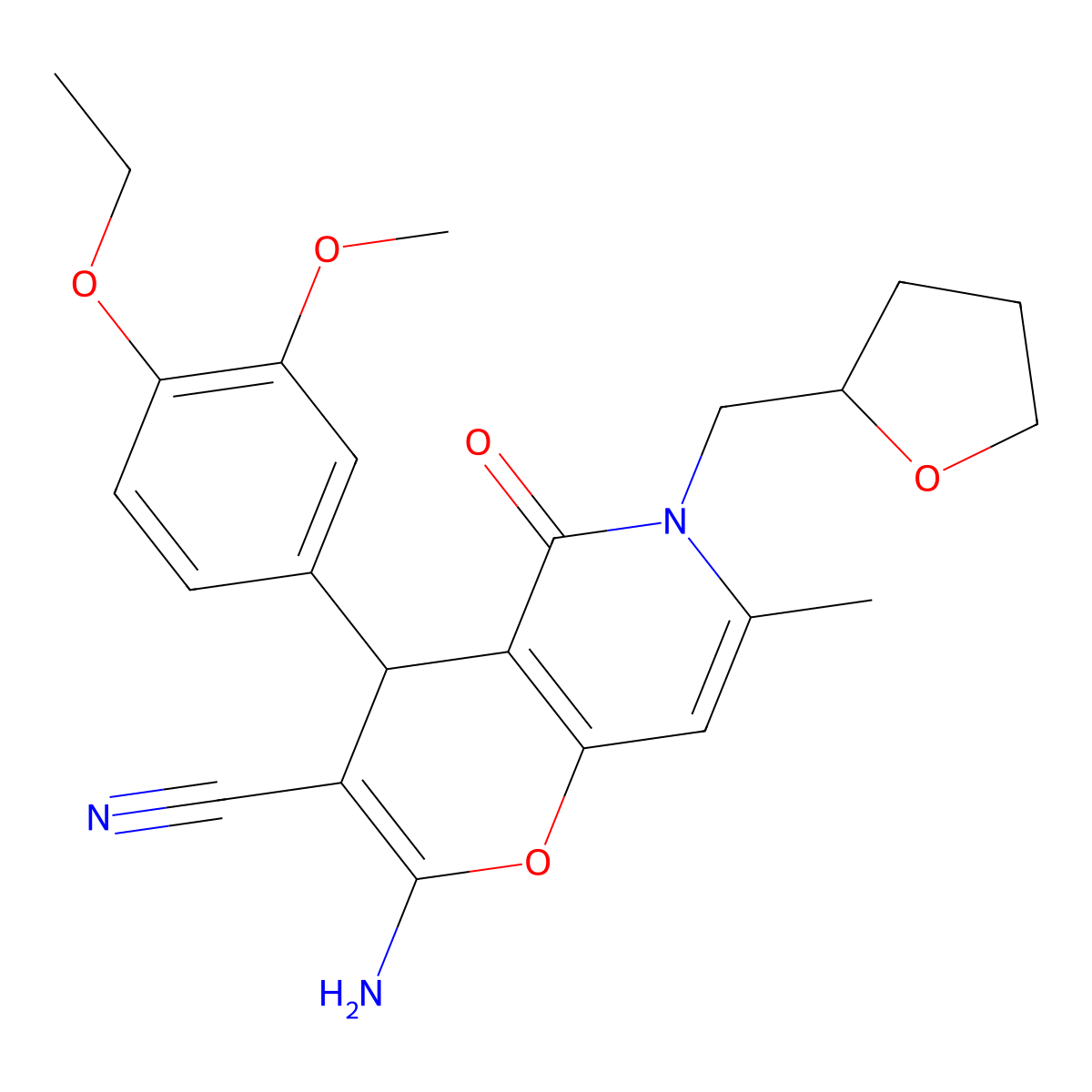 2-amino-4-(4-ethoxy-3-methoxyphenyl)-7-methyl-5-oxo-6-((tetrahydrofuran-2-yl)methyl)-5,6-dihydro-4H-pyrano[3,2-c]pyridine-3-carbonitrile molecular structure, CAS 638139-30-7
