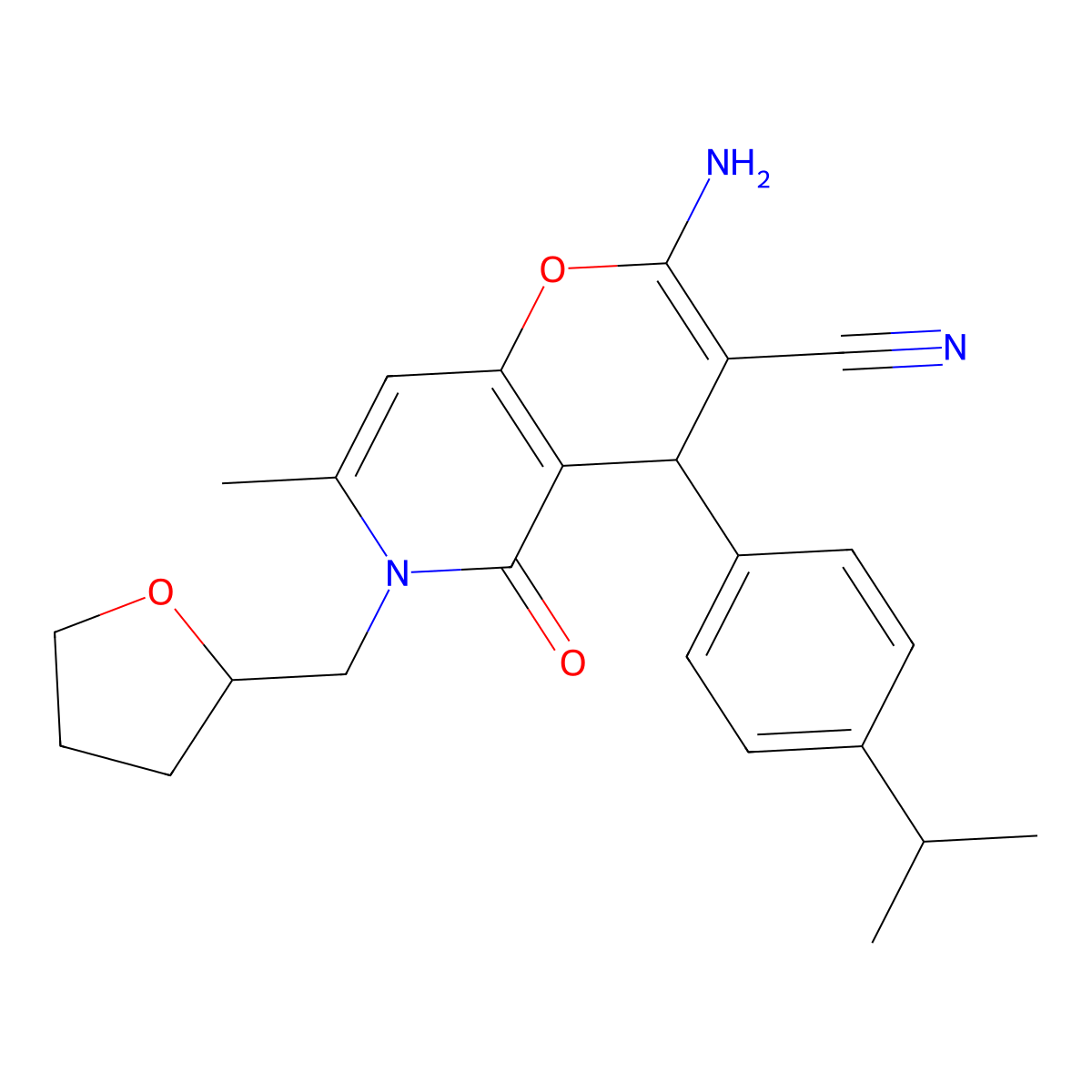 2-amino-4-(4-isopropylphenyl)-7-methyl-5-oxo-6-((tetrahydrofuran-2-yl)methyl)-5,6-dihydro-4H-pyrano[3,2-c]pyridine-3-carbonitrile molecular structure, CAS 638139-38-5