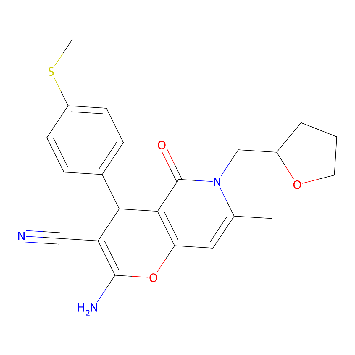 2-amino-7-methyl-4-[4-(methylsulfanyl)phenyl]-5-oxo-6-(tetrahydrofuran-2-ylmethyl)-5,6-dihydro-4H-pyrano[3,2-c]pyridine-3-carbonitrile molecular structure, CAS 638139-40-9