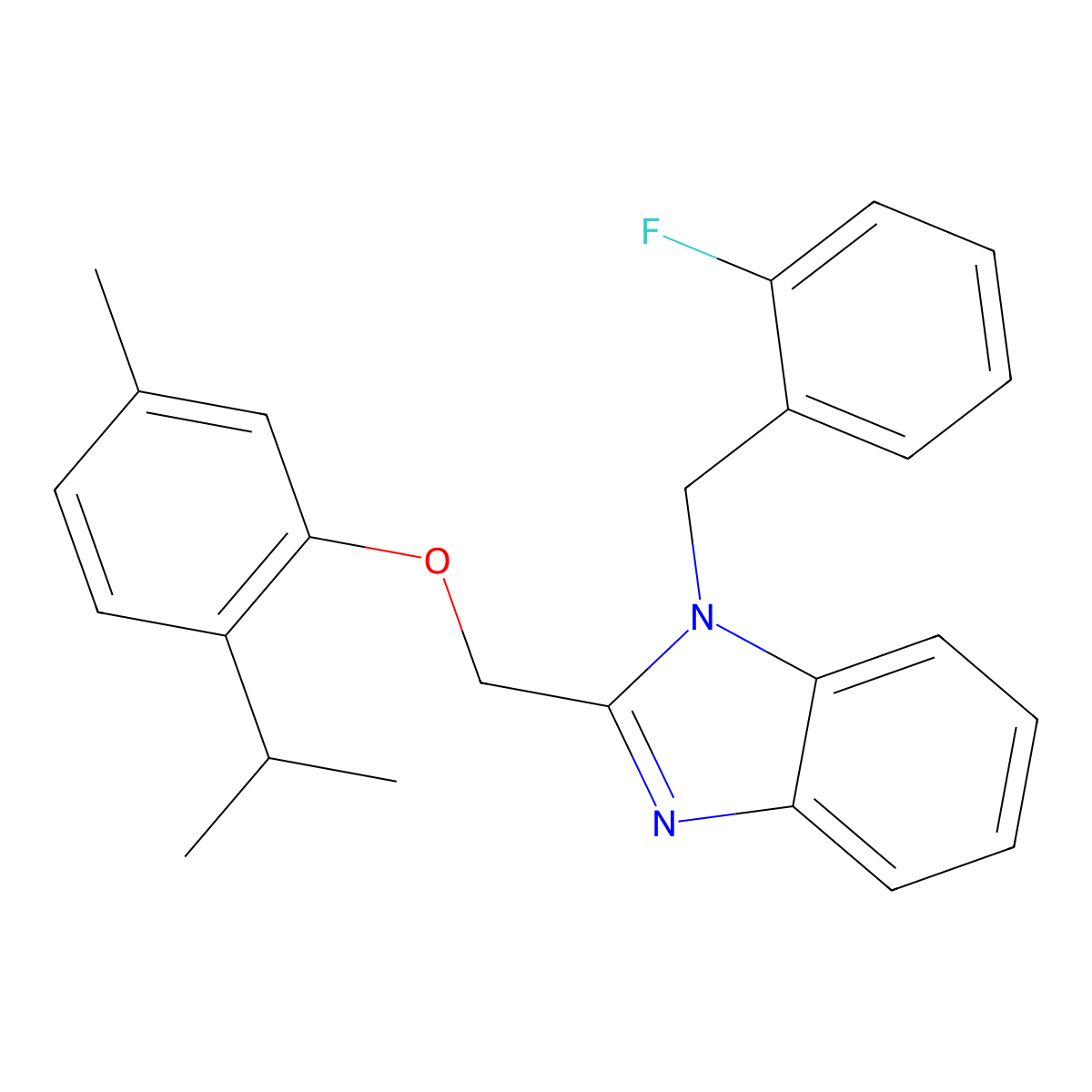 1-(2-fluorobenzyl)-2-((2-isopropyl-5-methylphenoxy)methyl)-1H-benzo[d]imidazole molecular structure, CAS 638140-41-7