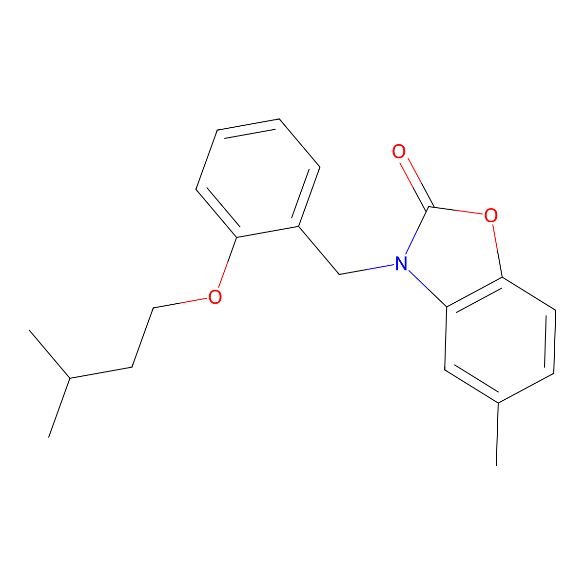 3-(2-(isopentyloxy)benzyl)-5-methylbenzo[d]oxazol-2(3H)-one molecular structure, CAS 638142-40-2