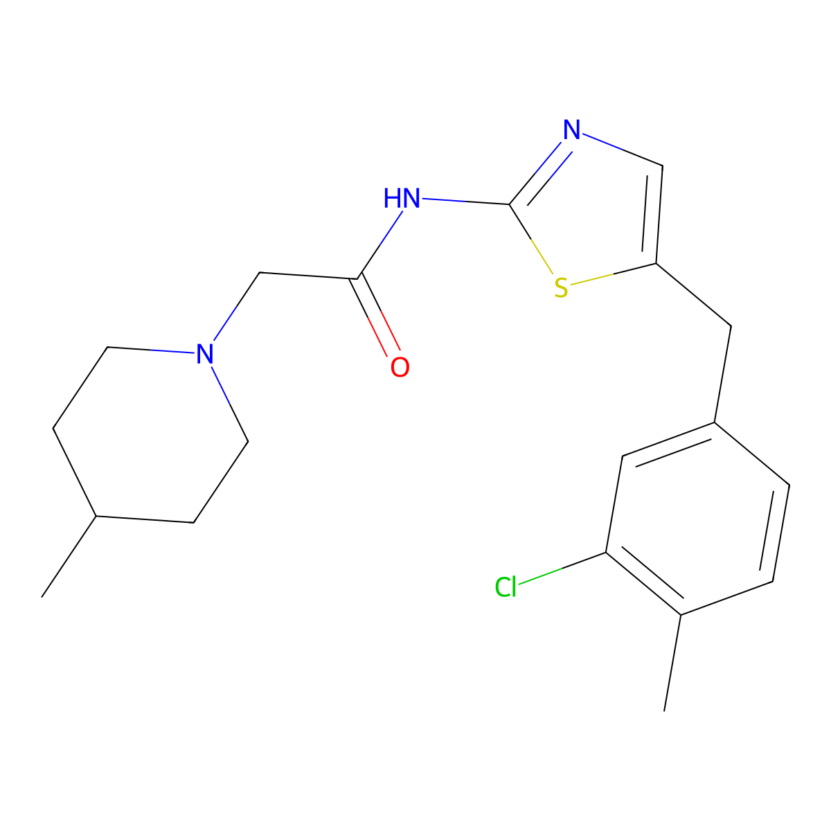 N-[5-[(3-chloro-4-methylphenyl)methyl]-1,3-thiazol-2-yl]-2-(4-methylpiperidin-1-yl)acetamide molecular structure, CAS 638143-67-6