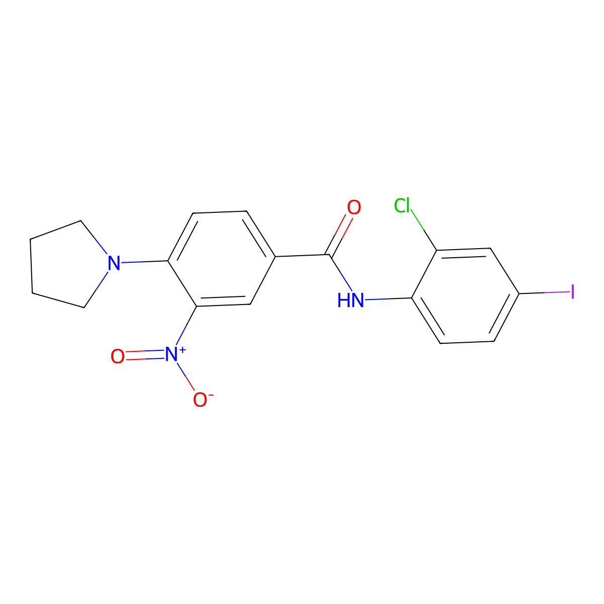 N-(2-chloro-4-iodophenyl)-3-nitro-4-pyrrolidin-1-ylbenzamide molecular structure, CAS 638144-00-0