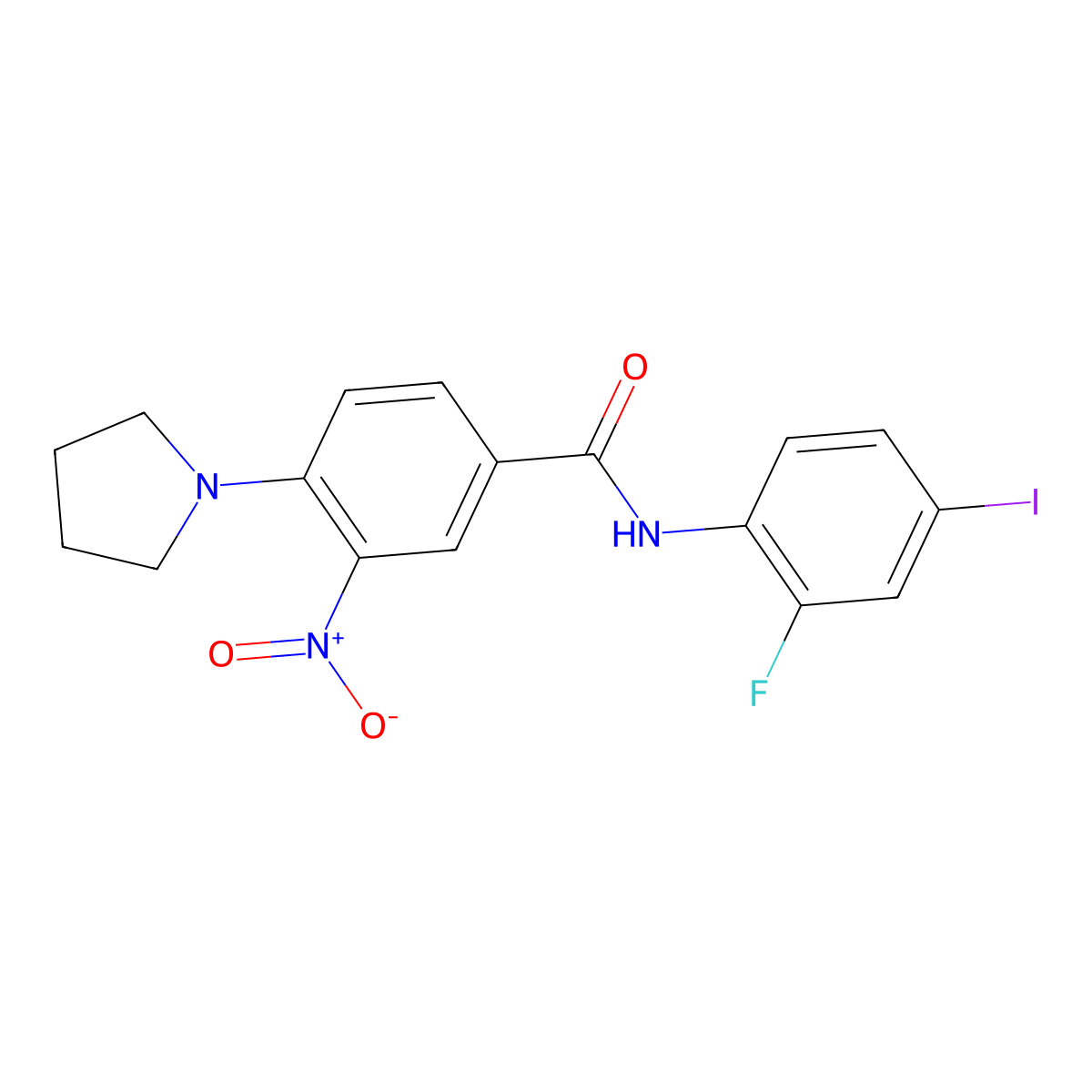 N-(2-fluoro-4-iodophenyl)-3-nitro-4-pyrrolidin-1-ylbenzamide molecular structure, CAS 638144-29-3