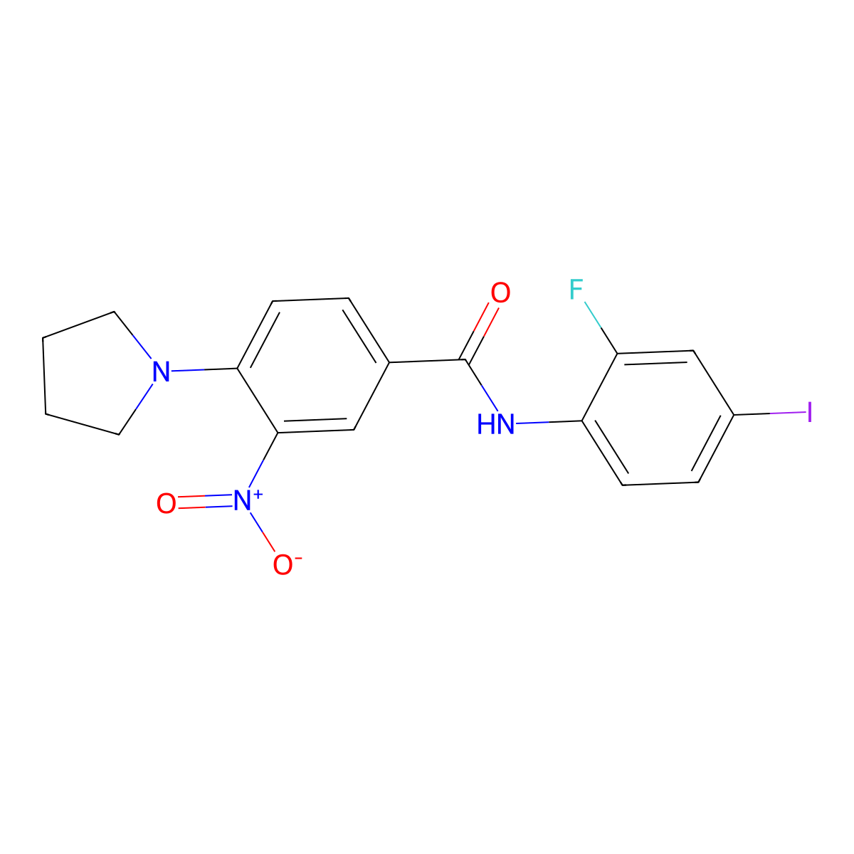 N-(2-fluoro-4-iodophenyl)-3-nitro-4-pyrrolidin-1-ylbenzamide molecular structure, CAS 638144-29-3