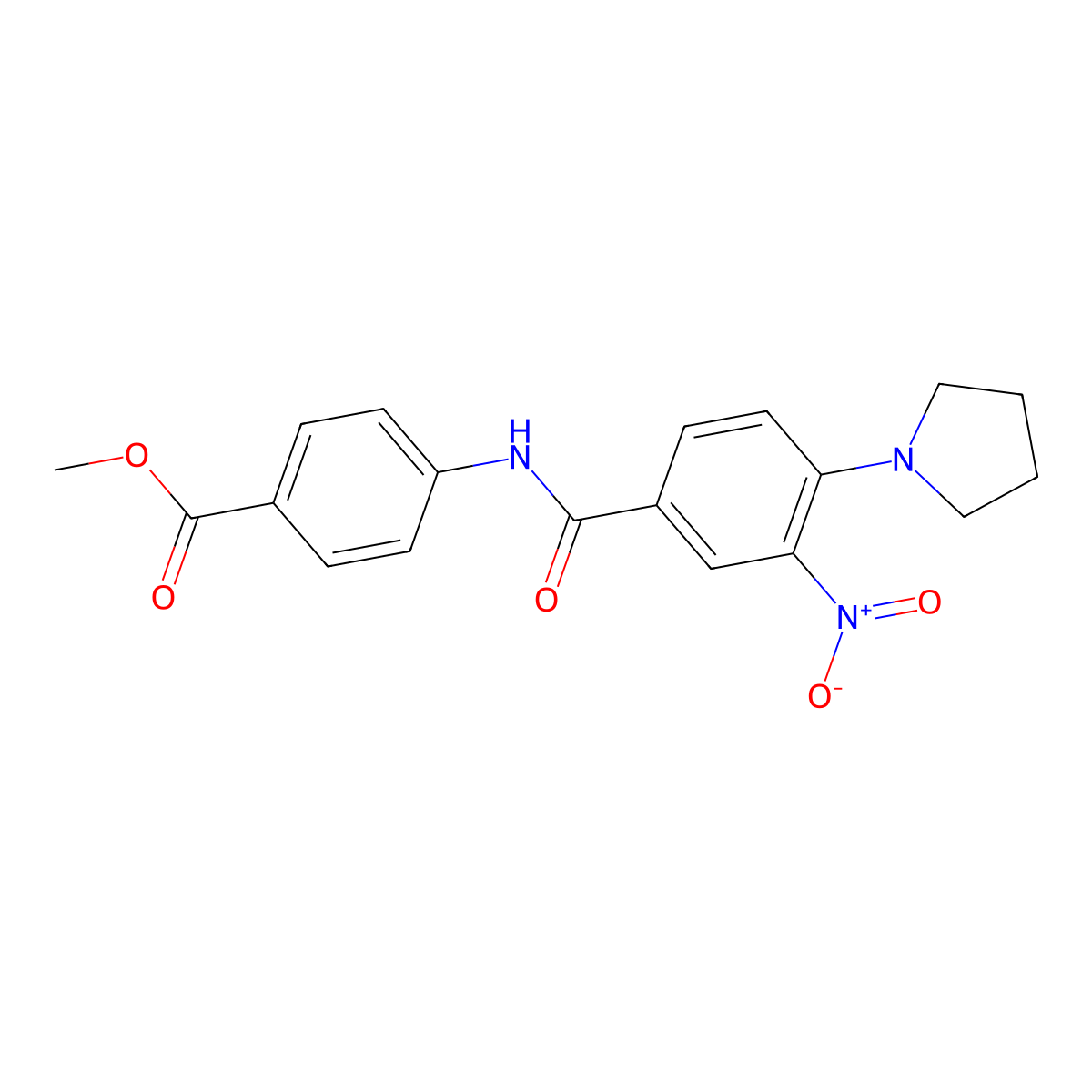 Methyl 4-({[3-nitro-4-(pyrrolidin-1-yl)phenyl]carbonyl}amino)benzoate molecular structure, CAS 638144-45-3