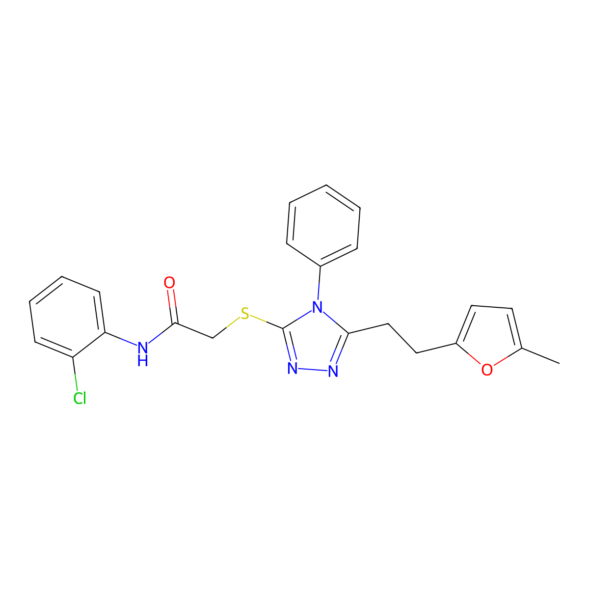N-(2-chlorophenyl)-2-[[5-[2-(5-methylfuran-2-yl)ethyl]-4-phenyl-1,2,4-triazol-3-yl]sulfanyl]acetamide molecular structure, CAS 638144-51-1