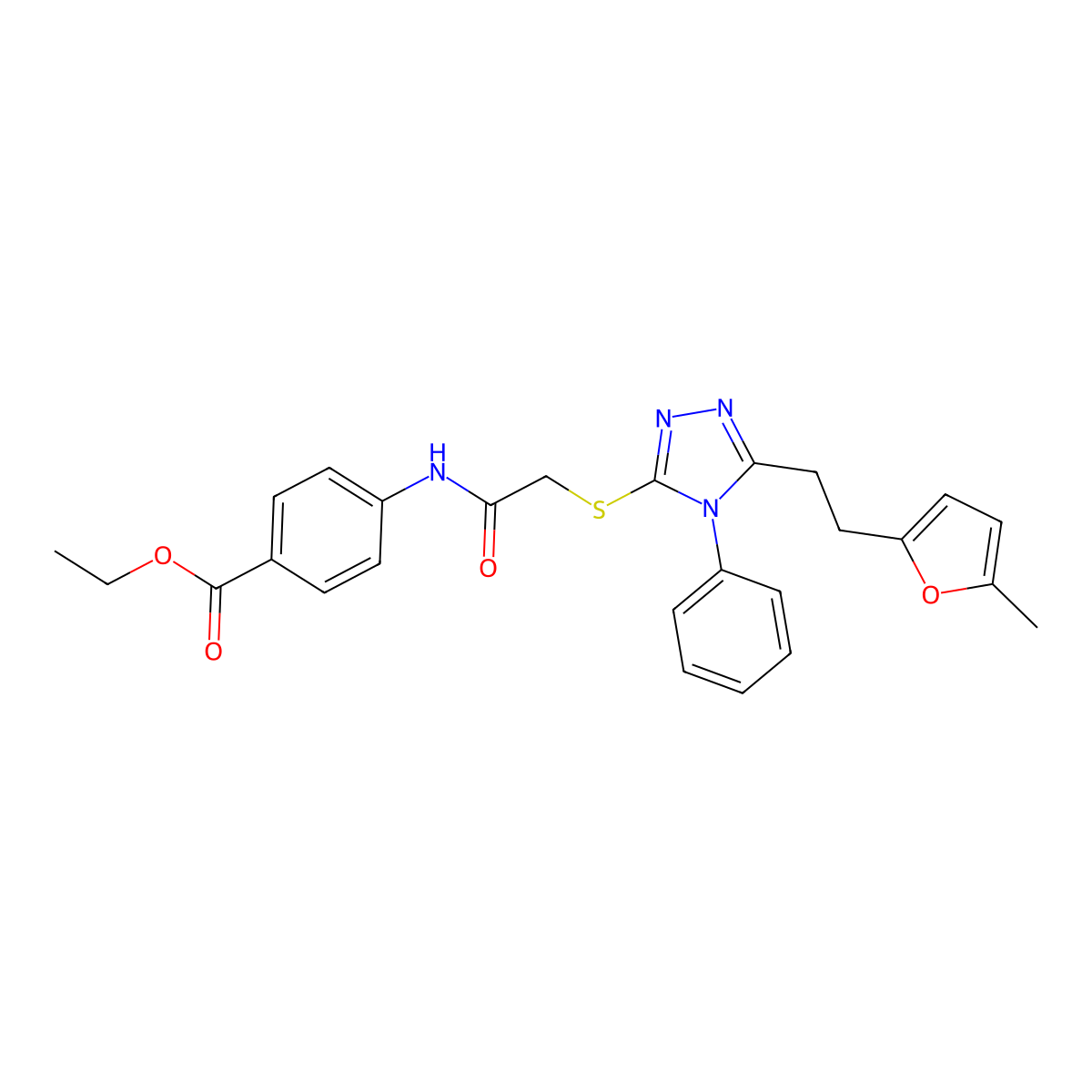 ethyl 4-{[({5-[2-(5-methyl-2-furyl)ethyl]-4-phenyl-4H-1,2,4-triazol-3-yl}thio)acetyl]amino}benzoate molecular structure, CAS 638144-57-7