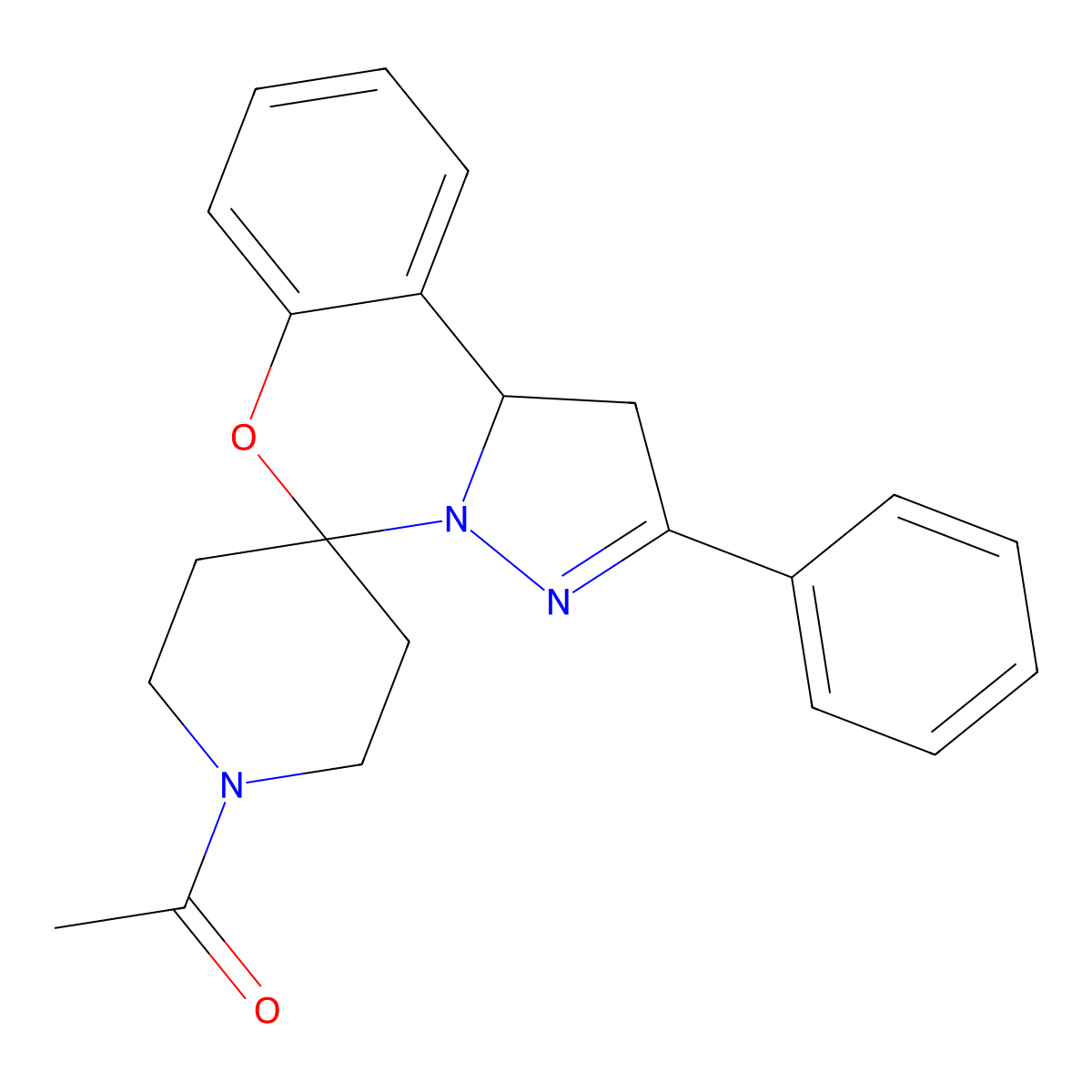 1-(2-Phenyl-1,10b-dihydrospiro[benzo[e]pyrazolo[1,5-c][1,3]oxazine-5,4'-piperidin]-1'-yl)ethanone molecular structure, CAS 638144-89-5