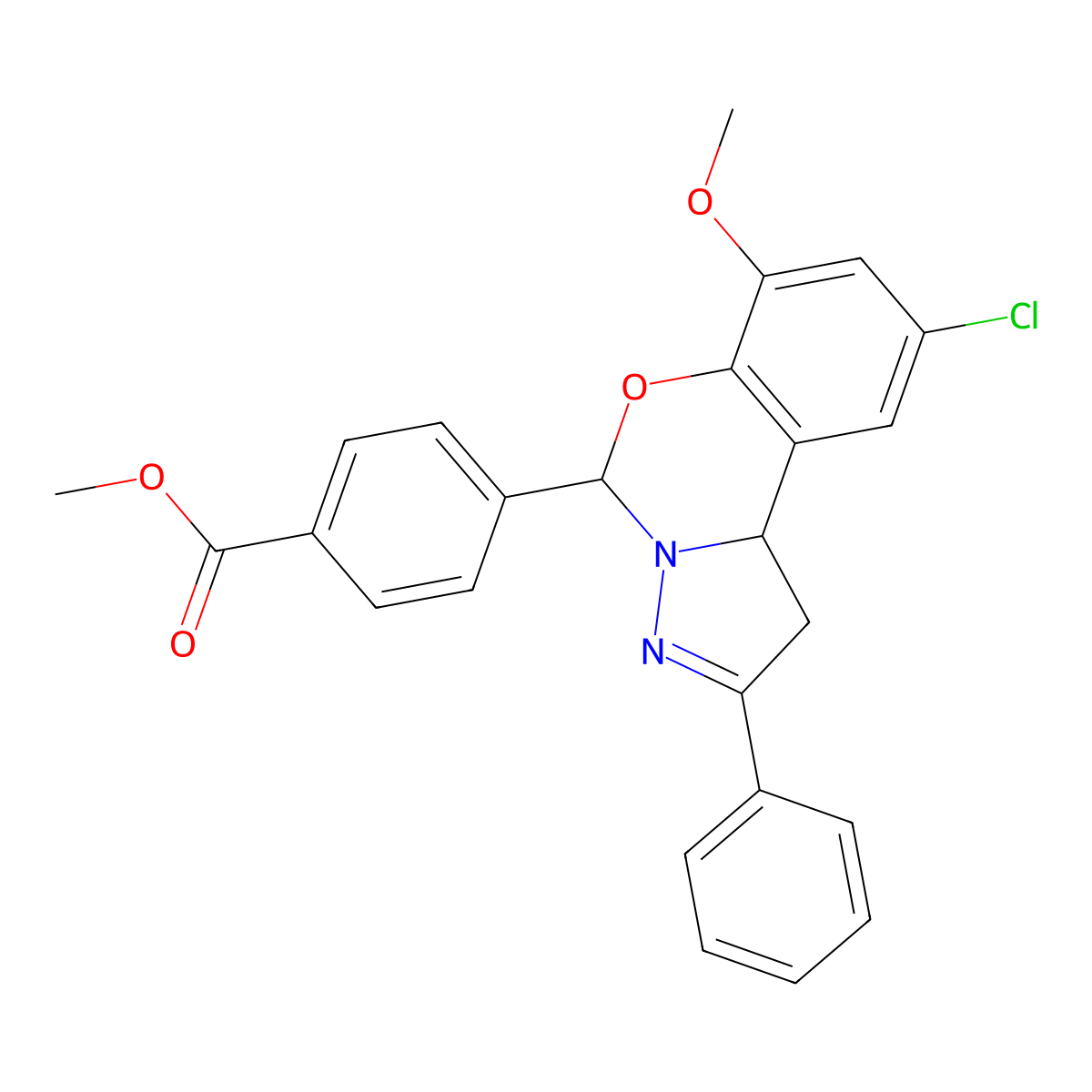 Methyl 4-(9-chloro-7-methoxy-2-phenyl-1,10b-dihydropyrazolo[1,5-c][1,3]benzoxazin-5-yl)benzoate molecular structure, CAS 638145-41-2