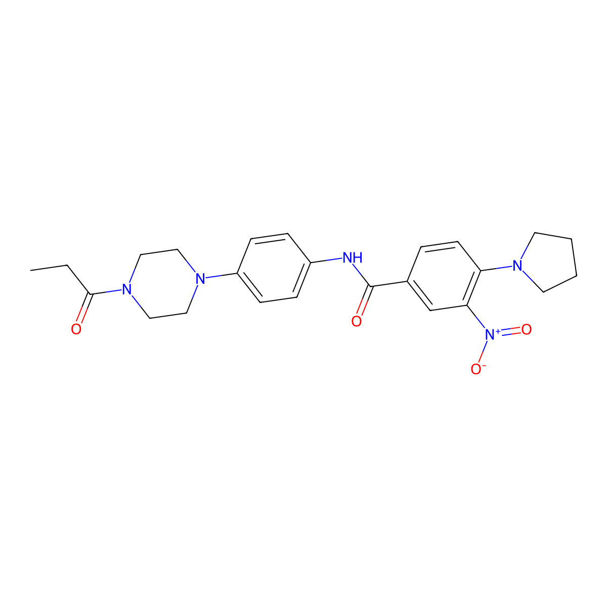 3-nitro-N-[4-(4-propanoylpiperazin-1-yl)phenyl]-4-pyrrolidin-1-ylbenzamide molecular structure, CAS 638145-42-3