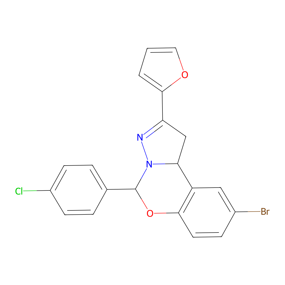 9-Bromo-5-(4-chlorophenyl)-2-(2-furyl)-1,10b-dihydropyrazolo[1,5-c][1,3]benzoxazine molecular structure, CAS 638145-68-3