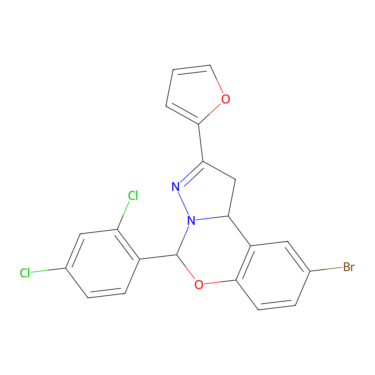 9-Bromo-5-(2,4-dichlorophenyl)-2-(2-furyl)-1,10B-dihydropyrazolo[1,5-C][1,3]benzoxazine molecular structure, CAS 638145-71-8